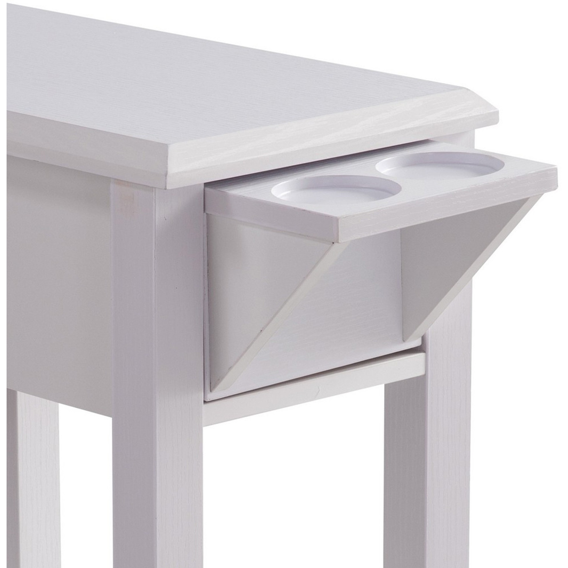 24 Inch Modern Chairside Table with Extendable Drawer and Cupholders, White
