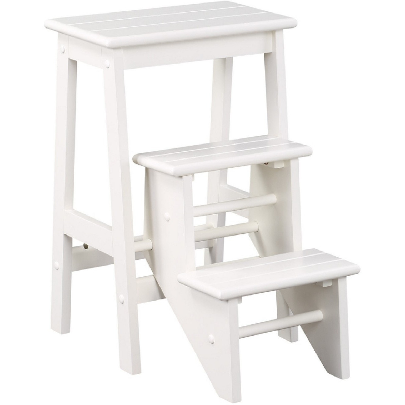24 Inch 3 Level Step Stool, Plank Tops and Safety Latch, Classic White Wood
