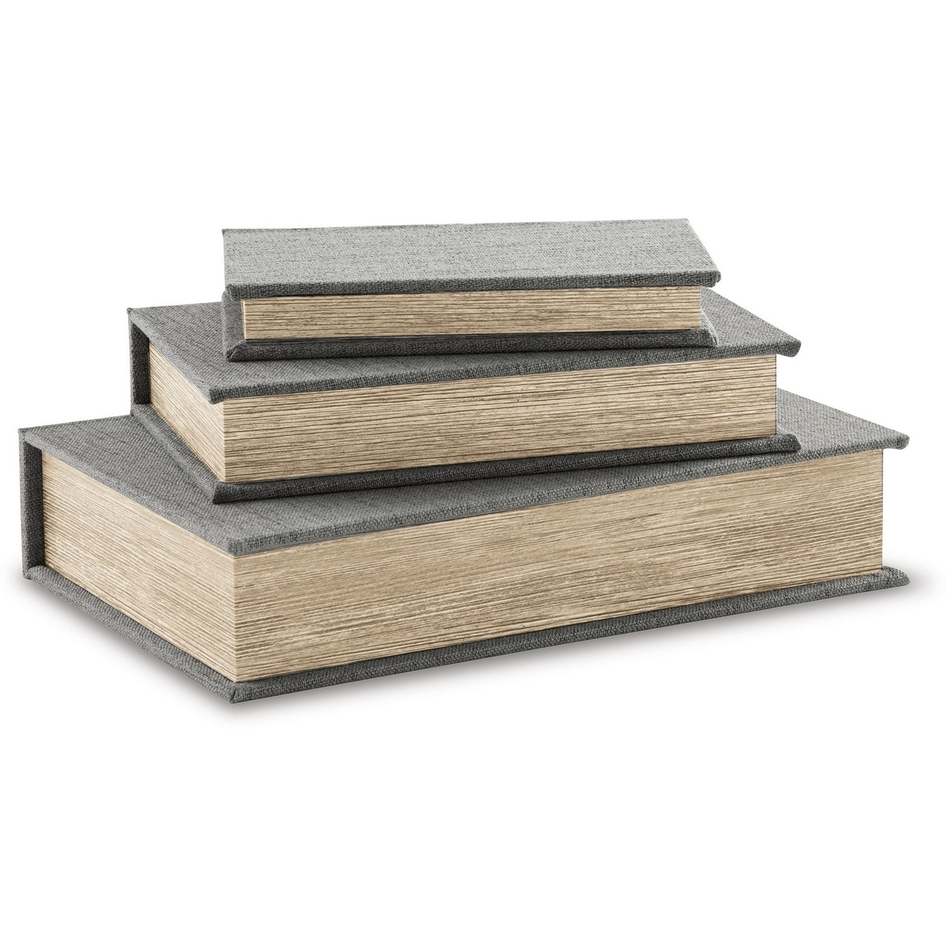 Nesting Decor Book Box, Set of 3, Gray Polyester Cover, Black Velvet Lining