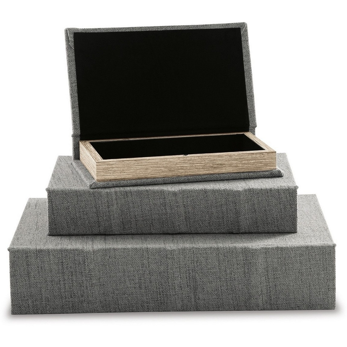 Nesting Decor Book Box, Set of 3, Gray Polyester Cover, Black Velvet Lining
