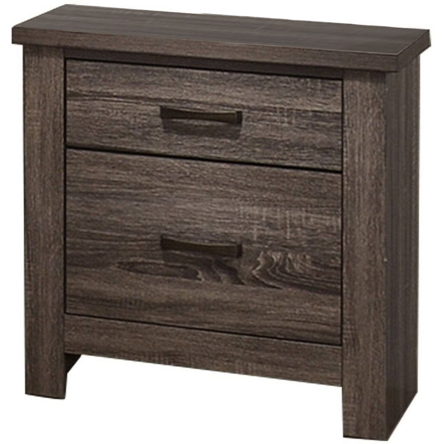 Soma 24 Inch Rustic 2 Drawer Nightstand, Sleek Metal Bar Handles, Oak Gray