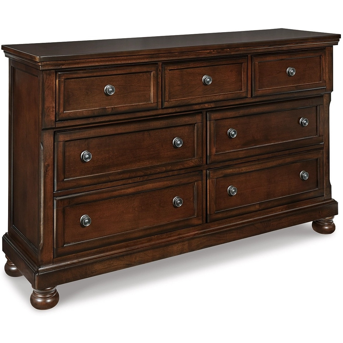 Fray 66 Inch Traditional Dresser, Rustic Brown Wood, 7 Drawers, Bun Feet