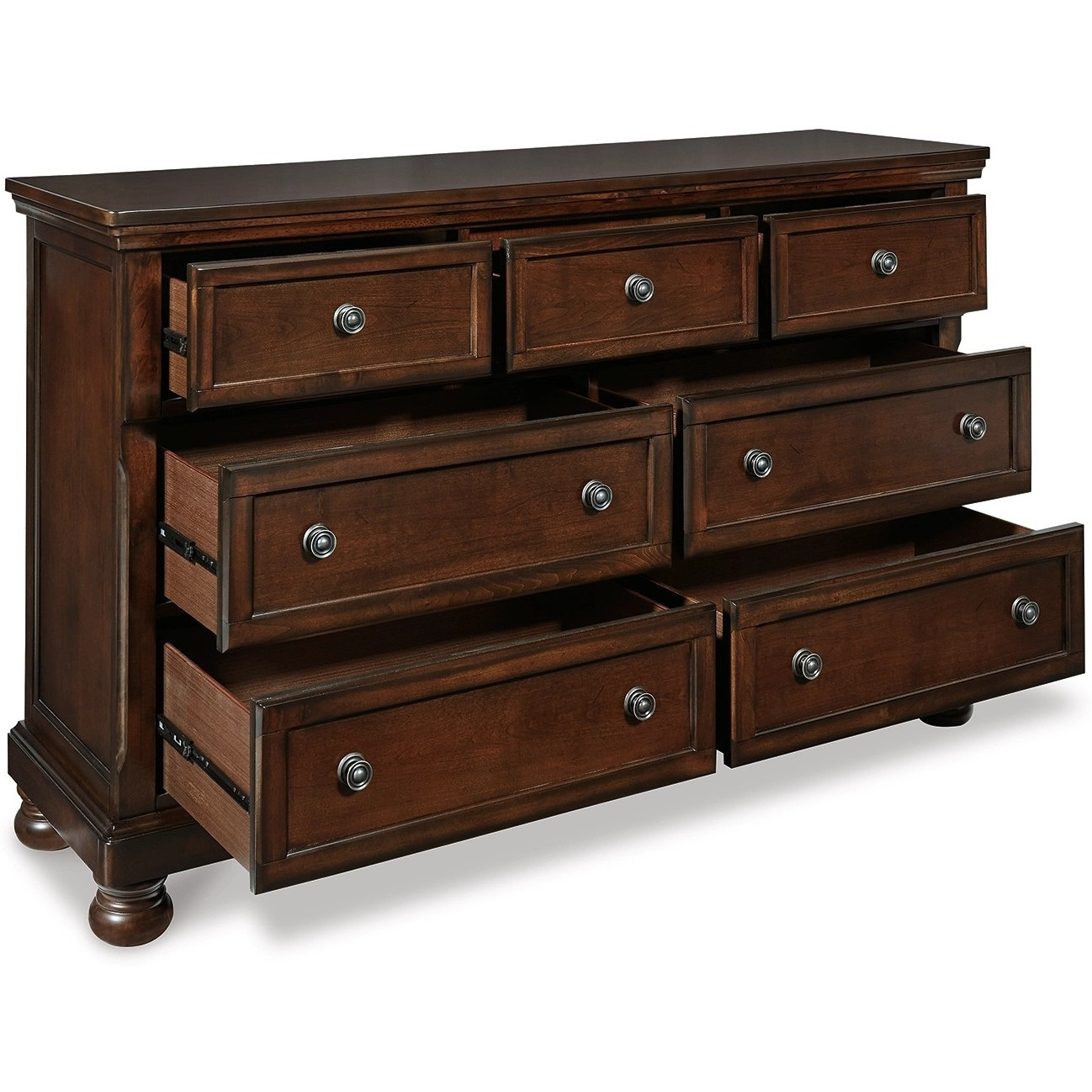 Fray 66 Inch Traditional Dresser, Rustic Brown Wood, 7 Drawers, Bun Feet