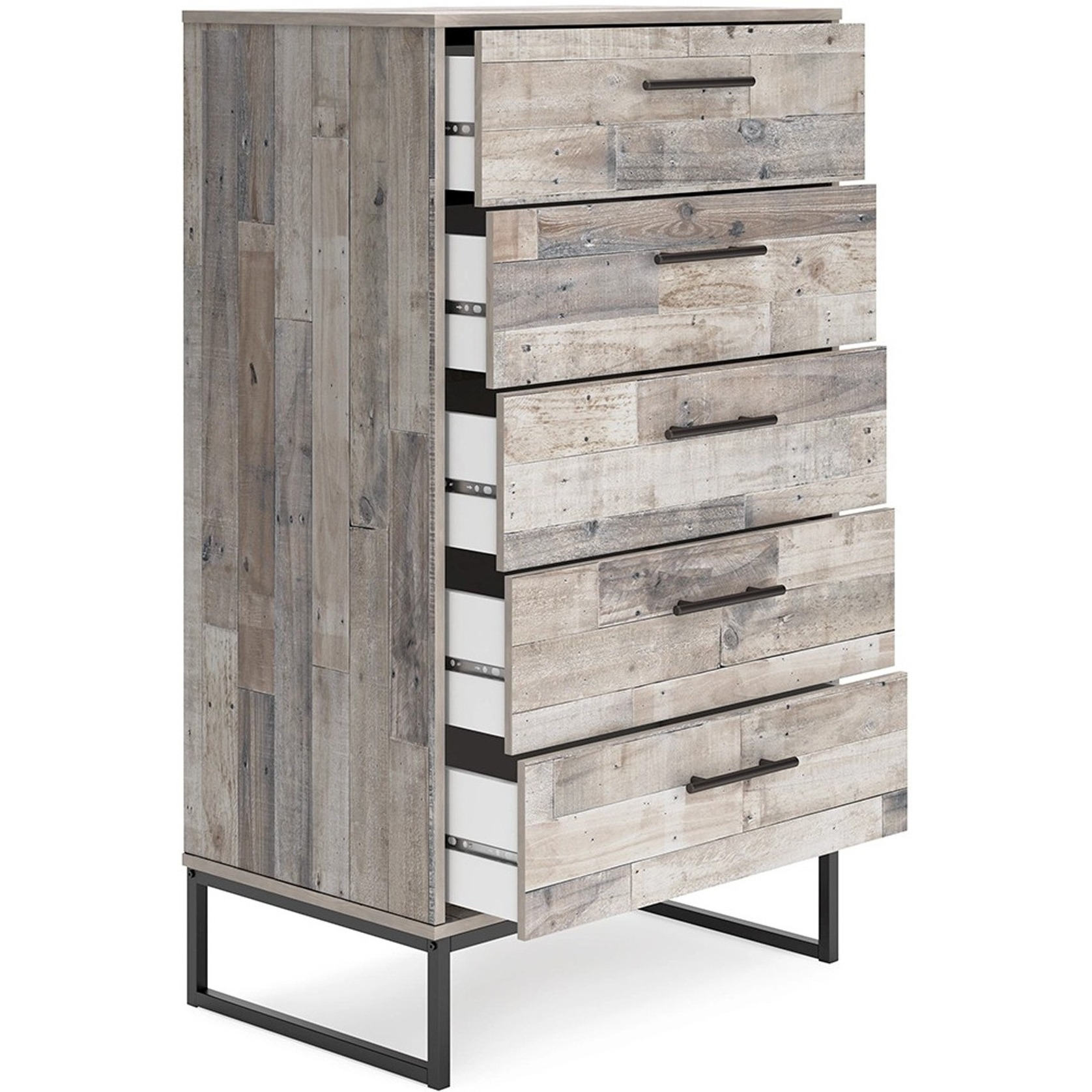 Vyne 51 Inch Tall Dresser Chest, 5 Drawers, White Woodblock, Black Metal