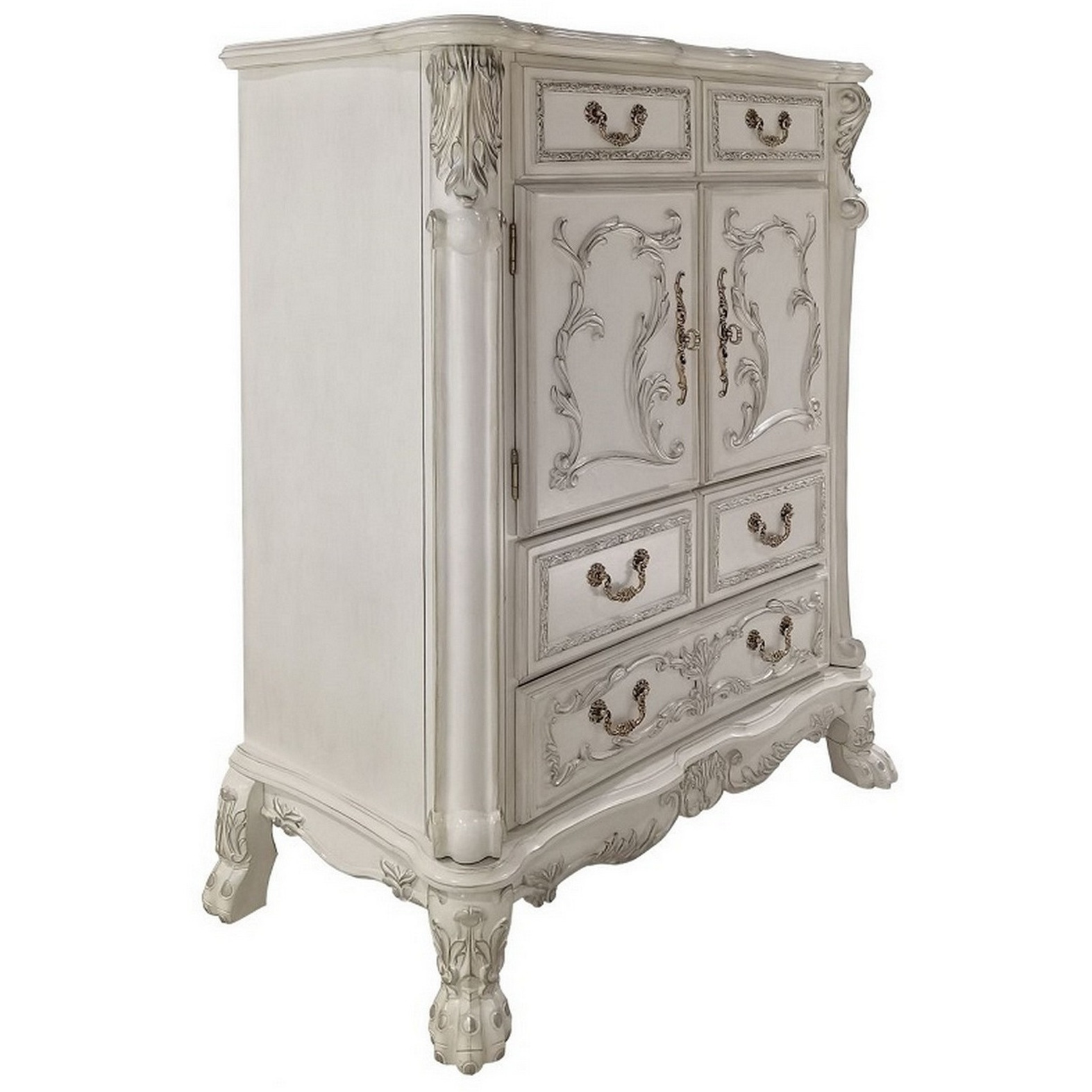 Aurora 55 Inch Carved Wood Chest, 5 Drawers, 2 Door Cabinet, Bone White