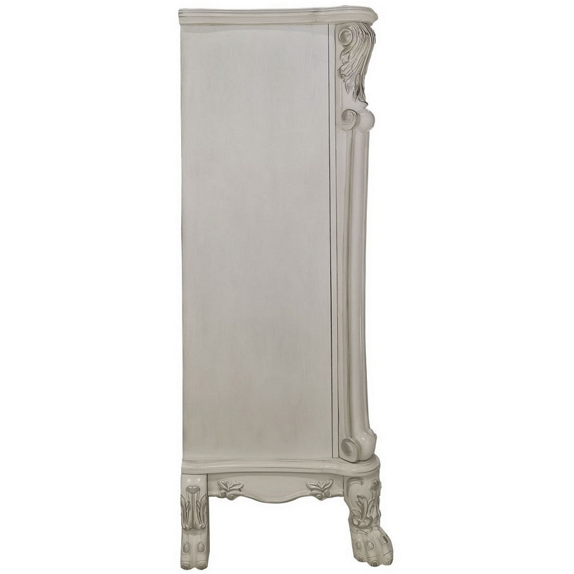 Aurora 55 Inch Carved Wood Chest, 5 Drawers, 2 Door Cabinet, Bone White