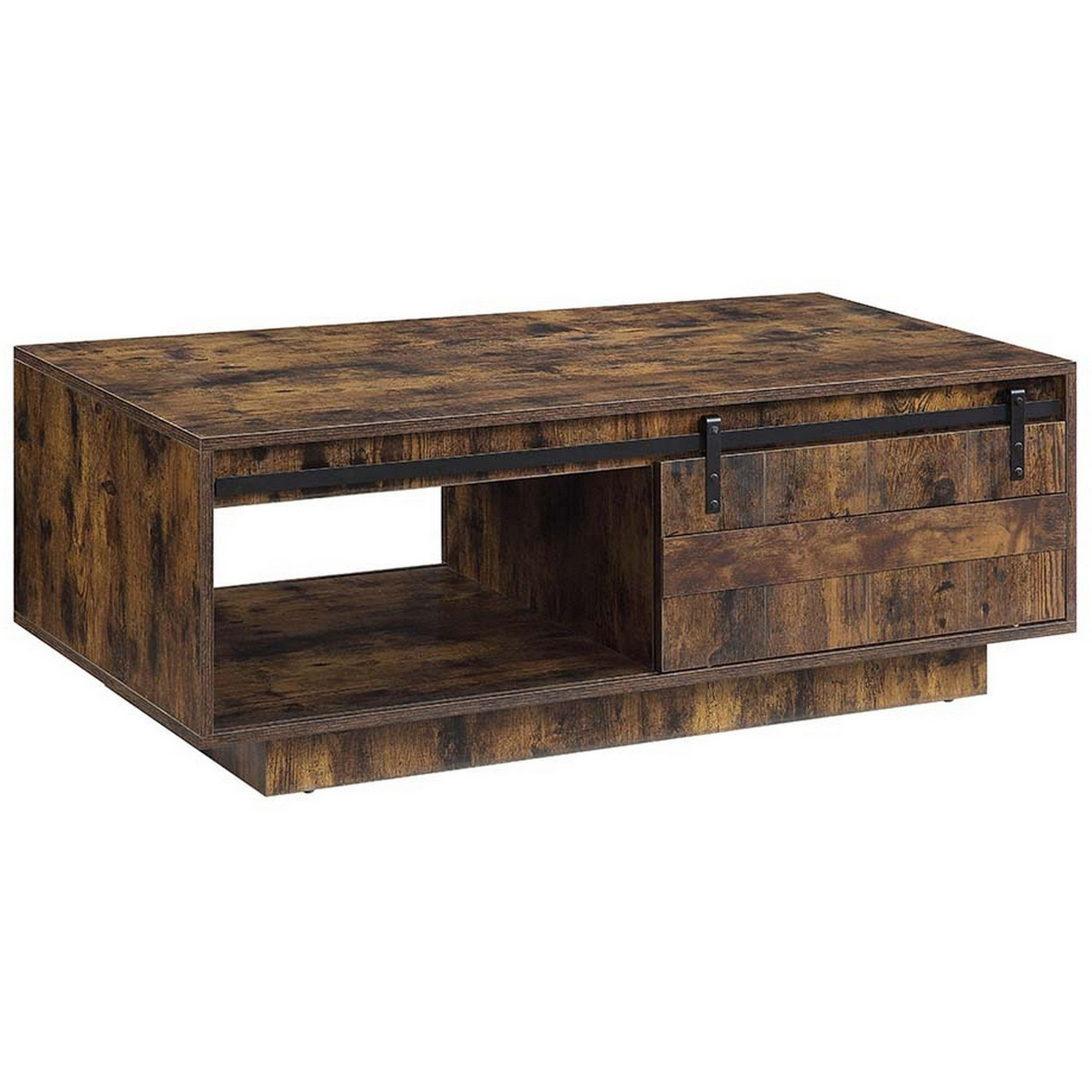 Rick 47 Inch Rustic Oak Coffee Table, Sliding Barn Door, Single Drawer
