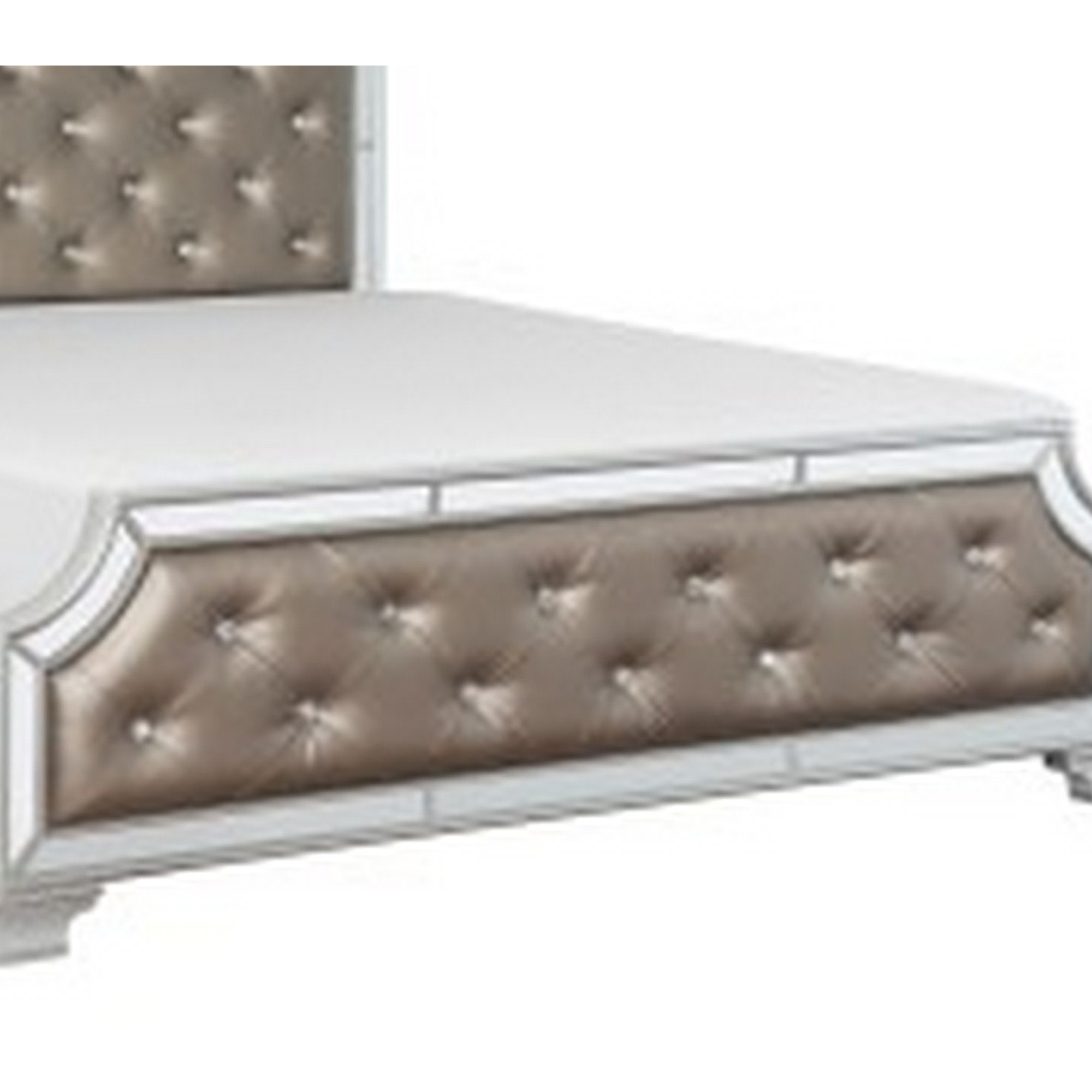 Badra Queen Bed with Crystal Button Tufting, Mirror Trim, Gray Faux Leather