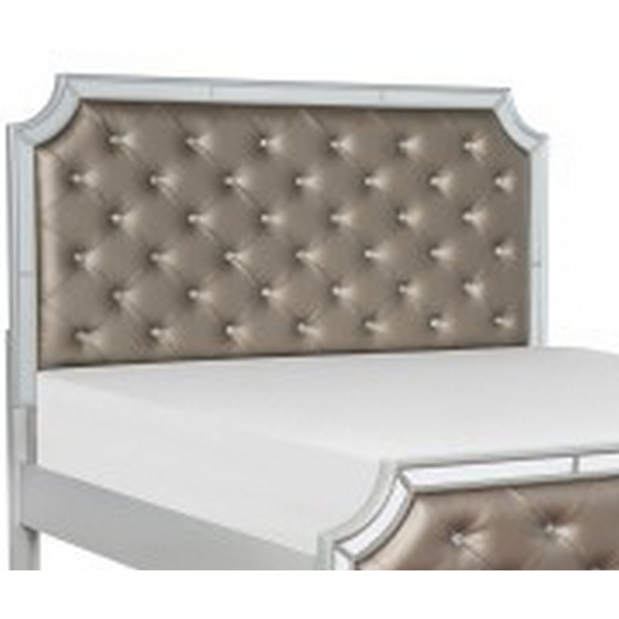Badra Queen Bed with Crystal Button Tufting, Mirror Trim, Gray Faux Leather