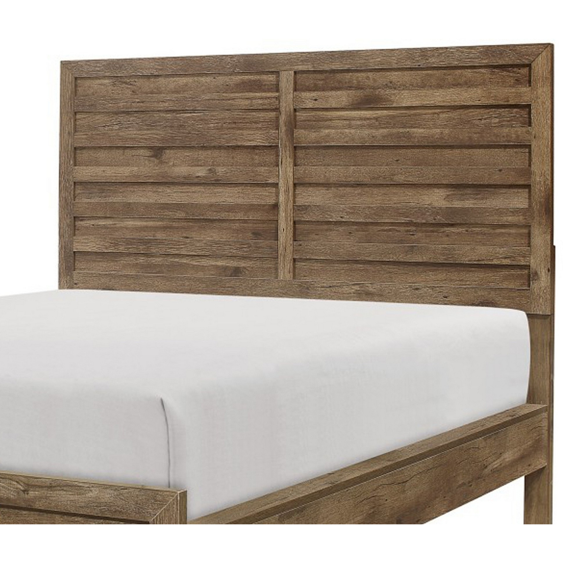 Zane Transitional Queen Bed, Wood Plank Design, Weathered Pine Veneer