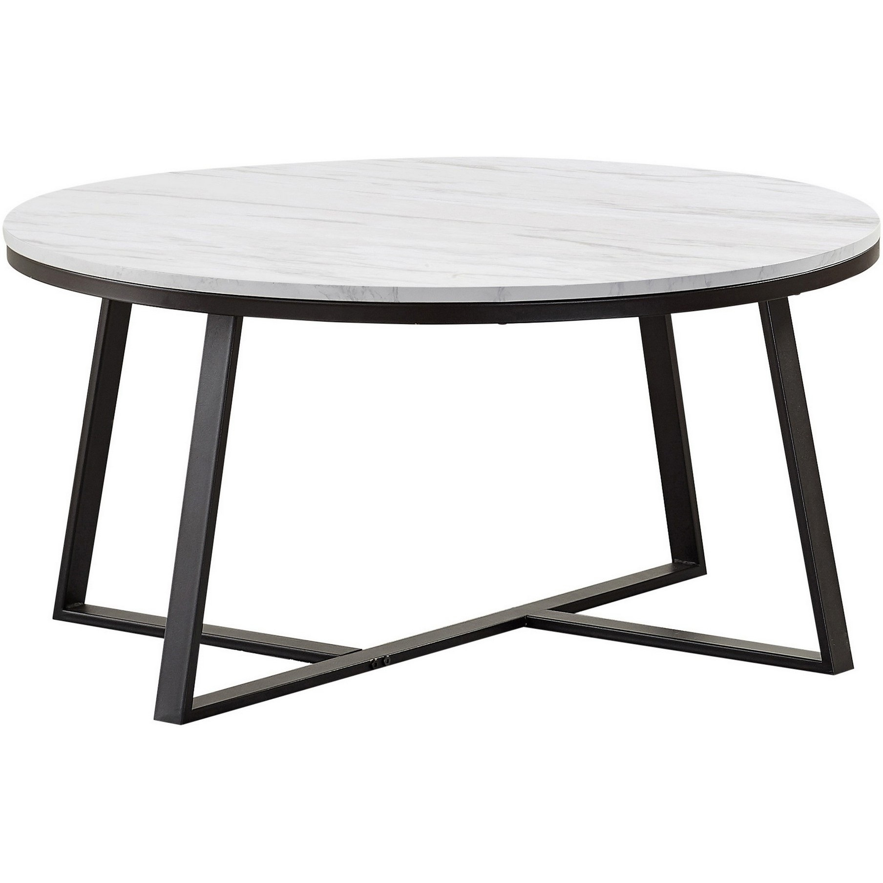 36 Inch Coffee Table, Faux Marble Tabletop, Sturdy Metal Base, White, Black