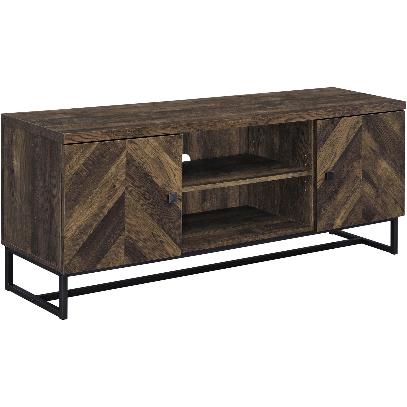 60 Inch TV Media Console Cabinet, 2 Herringbone Doors, Rustic Brown Wood