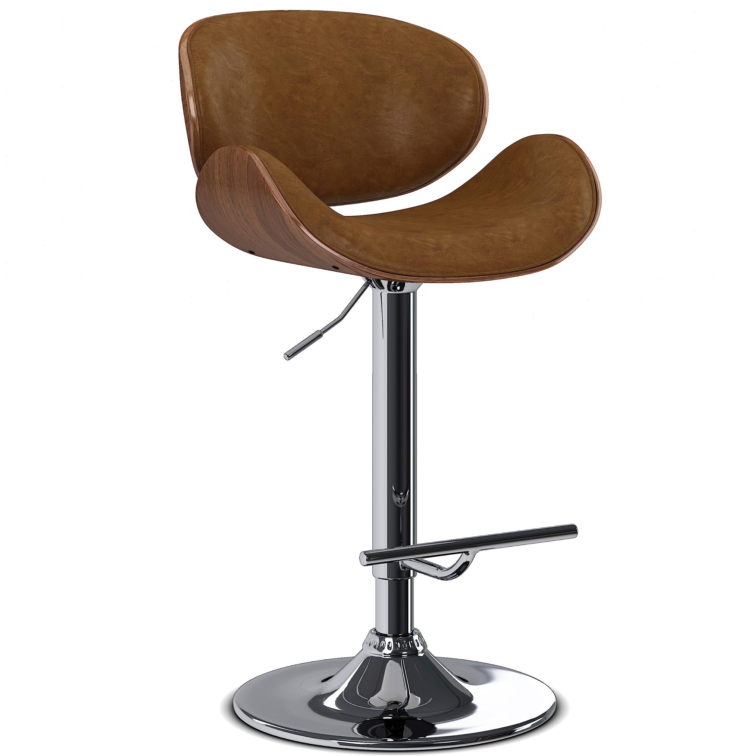 Marana Bentwood Adjustable Height Gas Lift Bar Stool in Deep Tan  Faux Leather