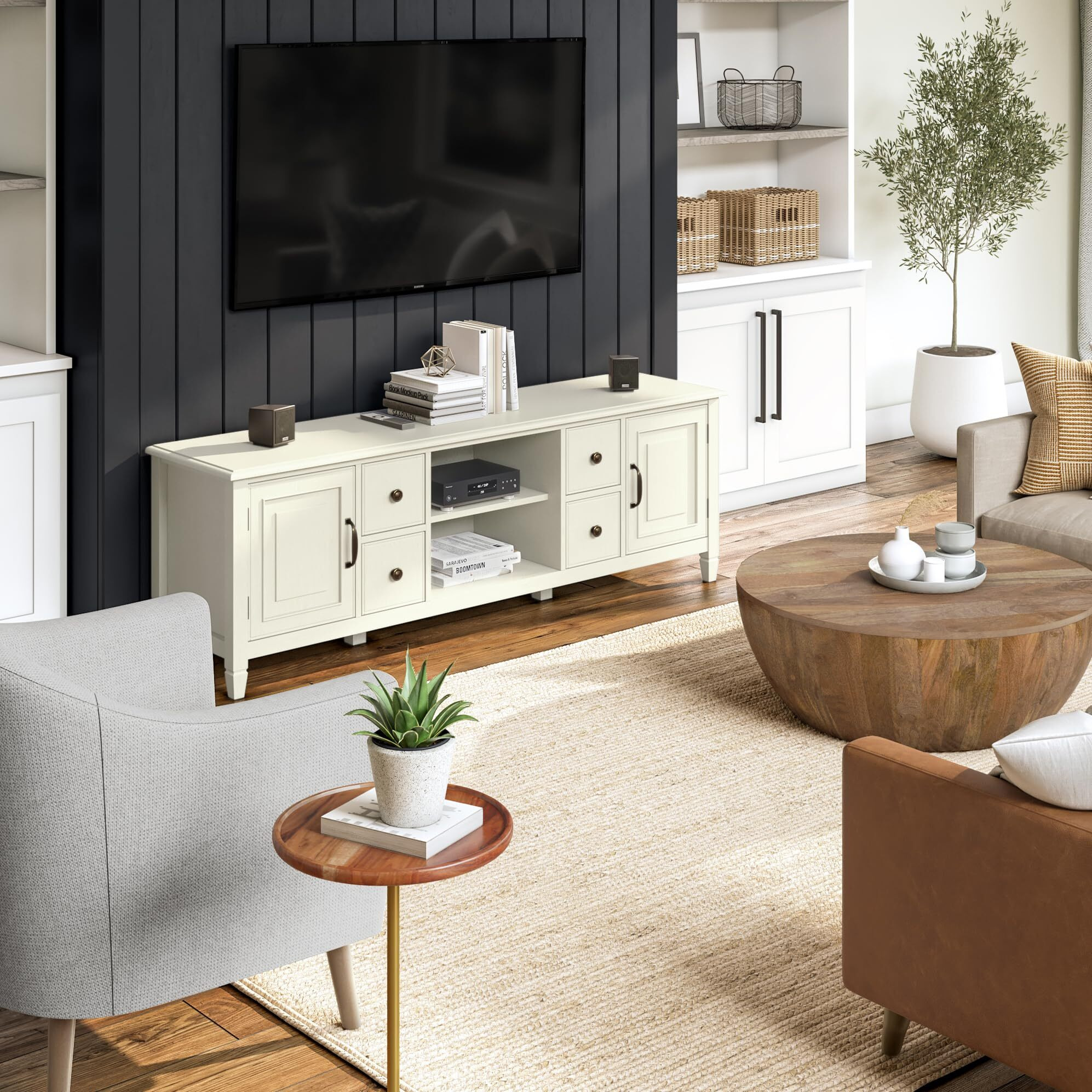 Connaught SOLID WOOD 72 inch Wide TV Stand in Antique White For TVs up to 80 inches