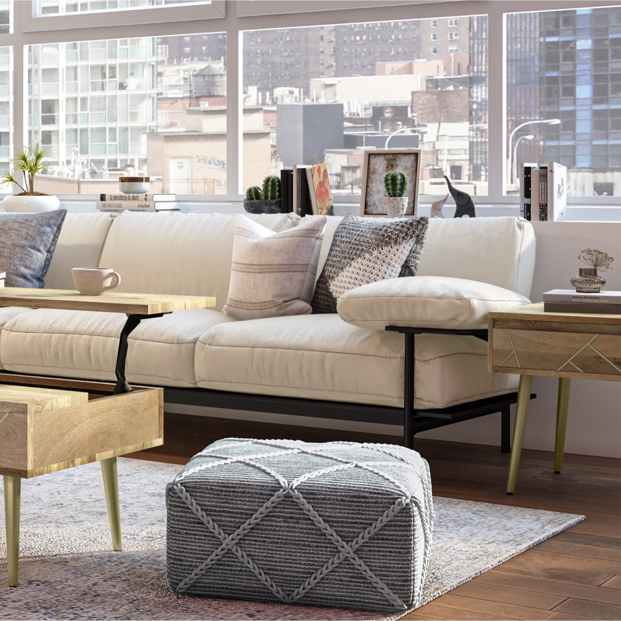 Cowan Square Pouf in Grey, Natural Handloom Woven