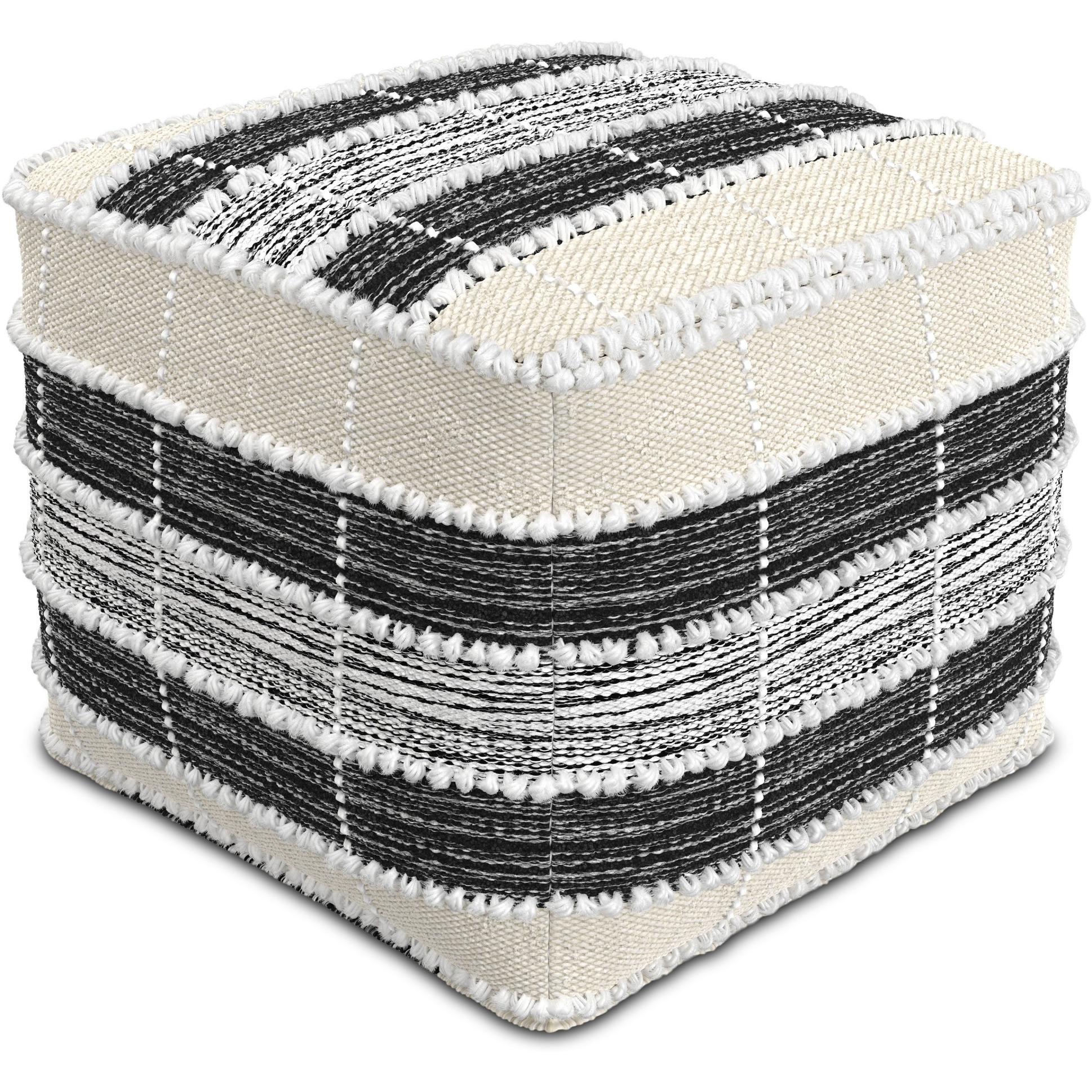 Barley Square Pouf in White, Beige, Black Polystyrene Filling