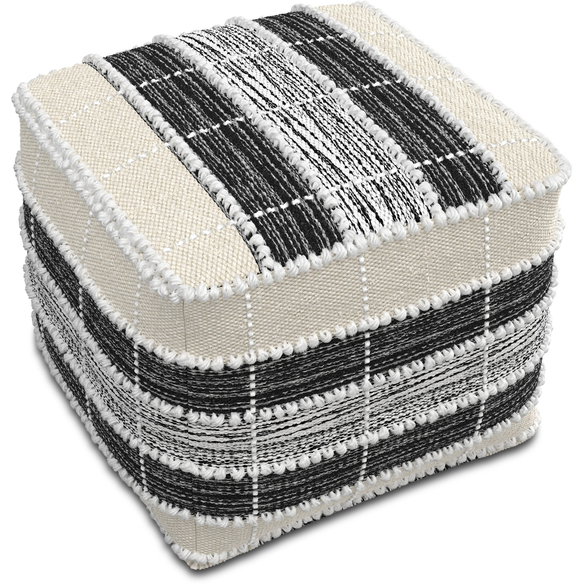 Barley Square Pouf in White, Beige, Black Polystyrene Filling