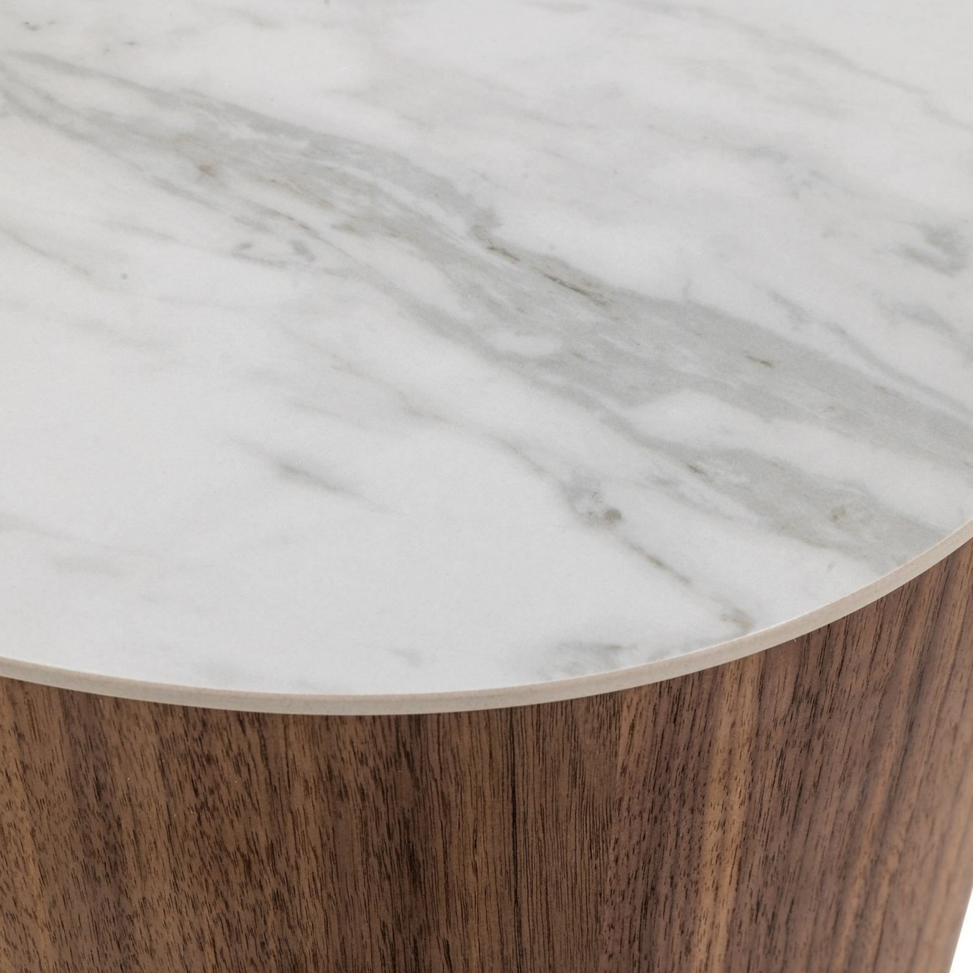 Cid Anay 27 Inch Nightstand, Oval Faux White Marble Top, Walnut Veneer