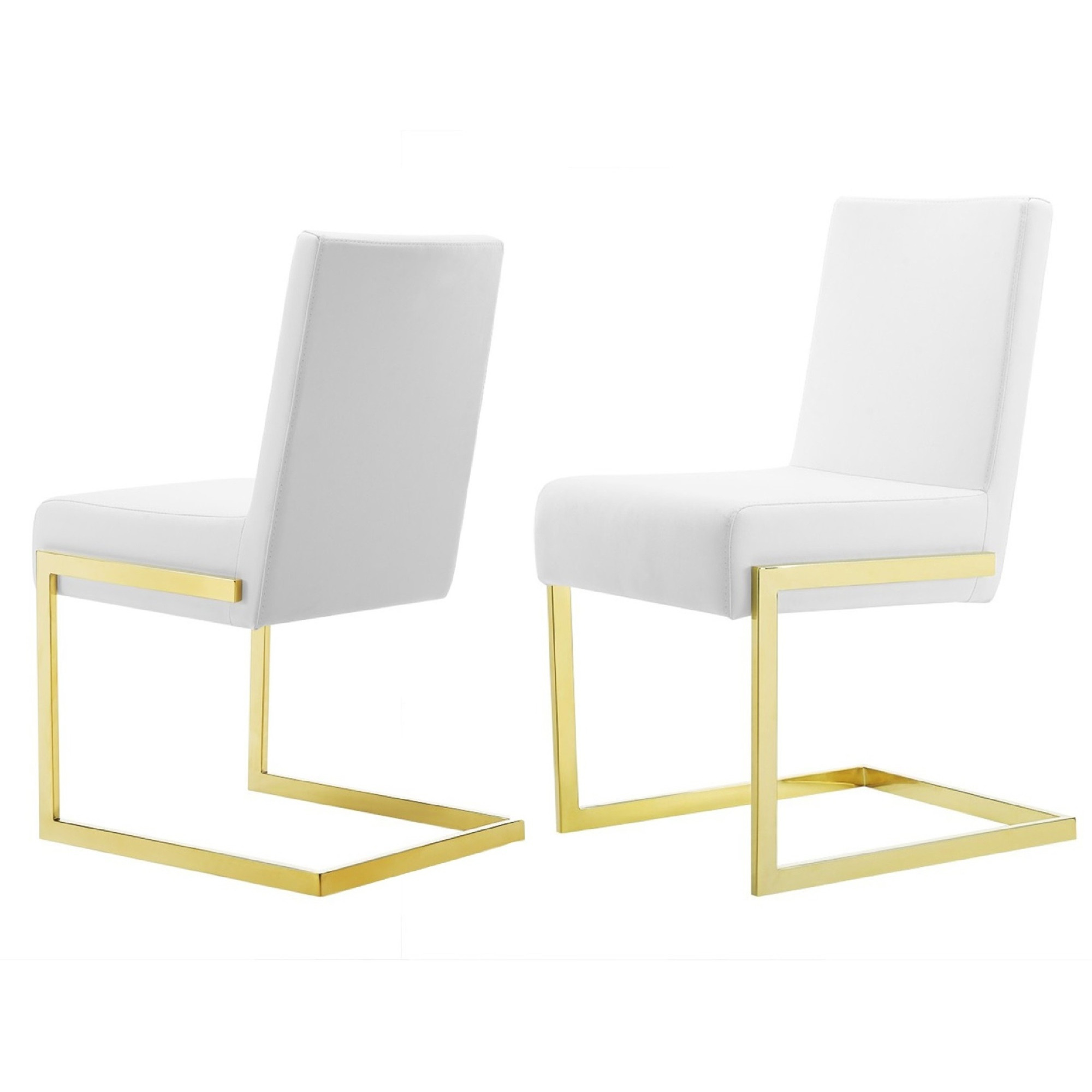 19 Inch Dining Chair, Set of 2, White Vegan Leather, Gold Cantilever Base