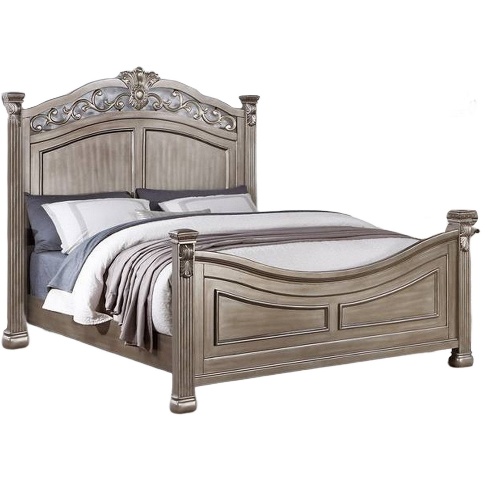 Aza Traditional Wood Queen Size Bed, Leaf Carvings, Champagne Gold Finish