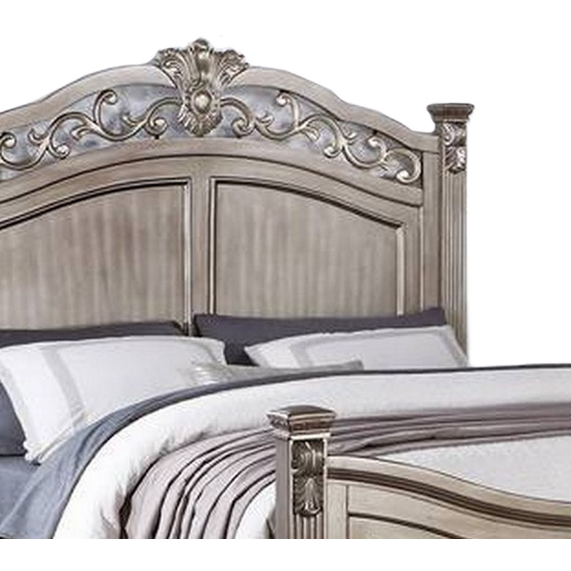 Aza Traditional Wood Queen Size Bed, Leaf Carvings, Champagne Gold Finish