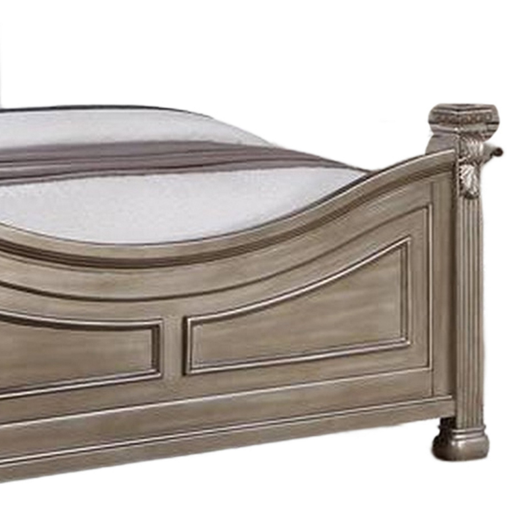Aza Traditional Wood Queen Size Bed, Leaf Carvings, Champagne Gold Finish