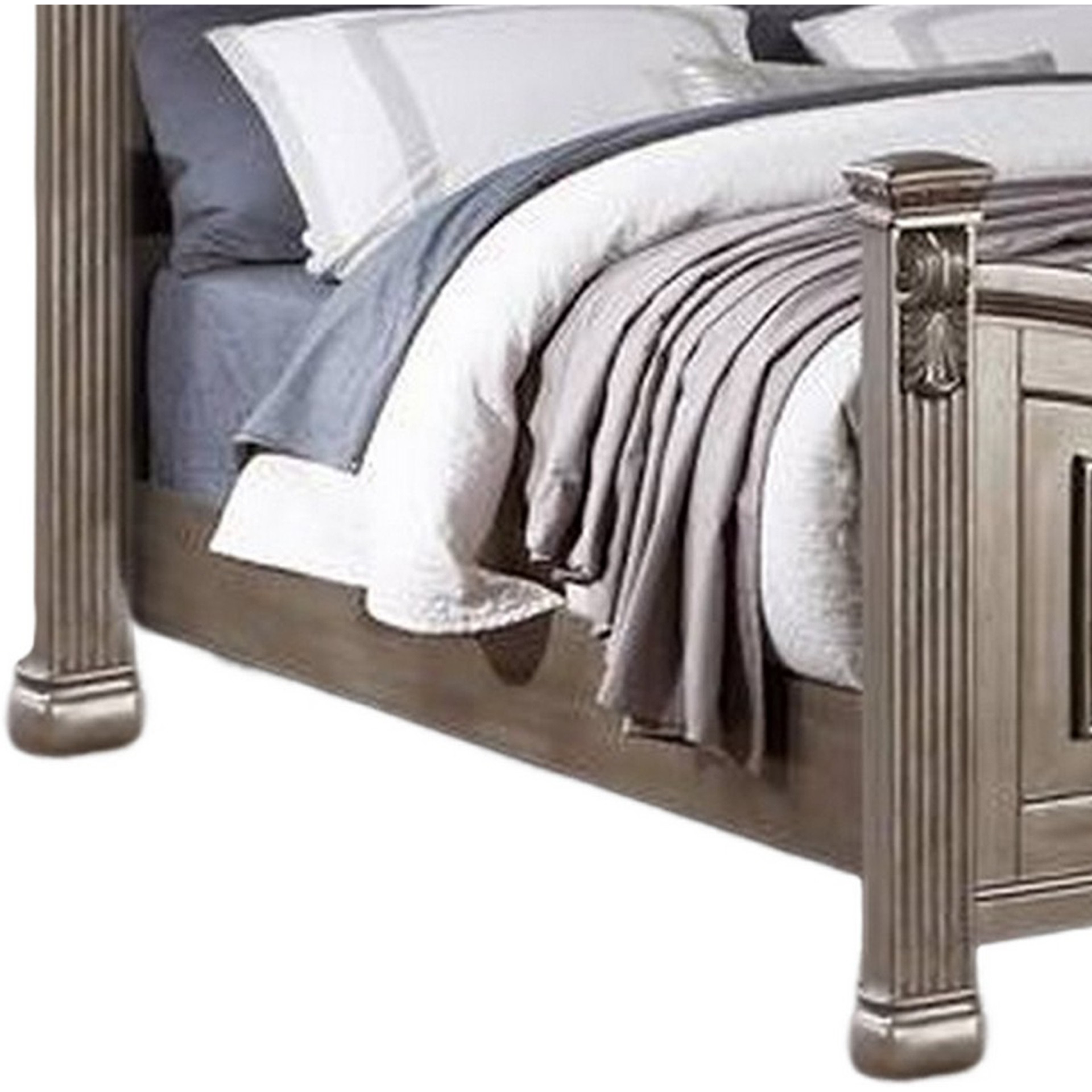 Aza Traditional Wood California King Bed, Leaf Carvings, Champagne Gold
