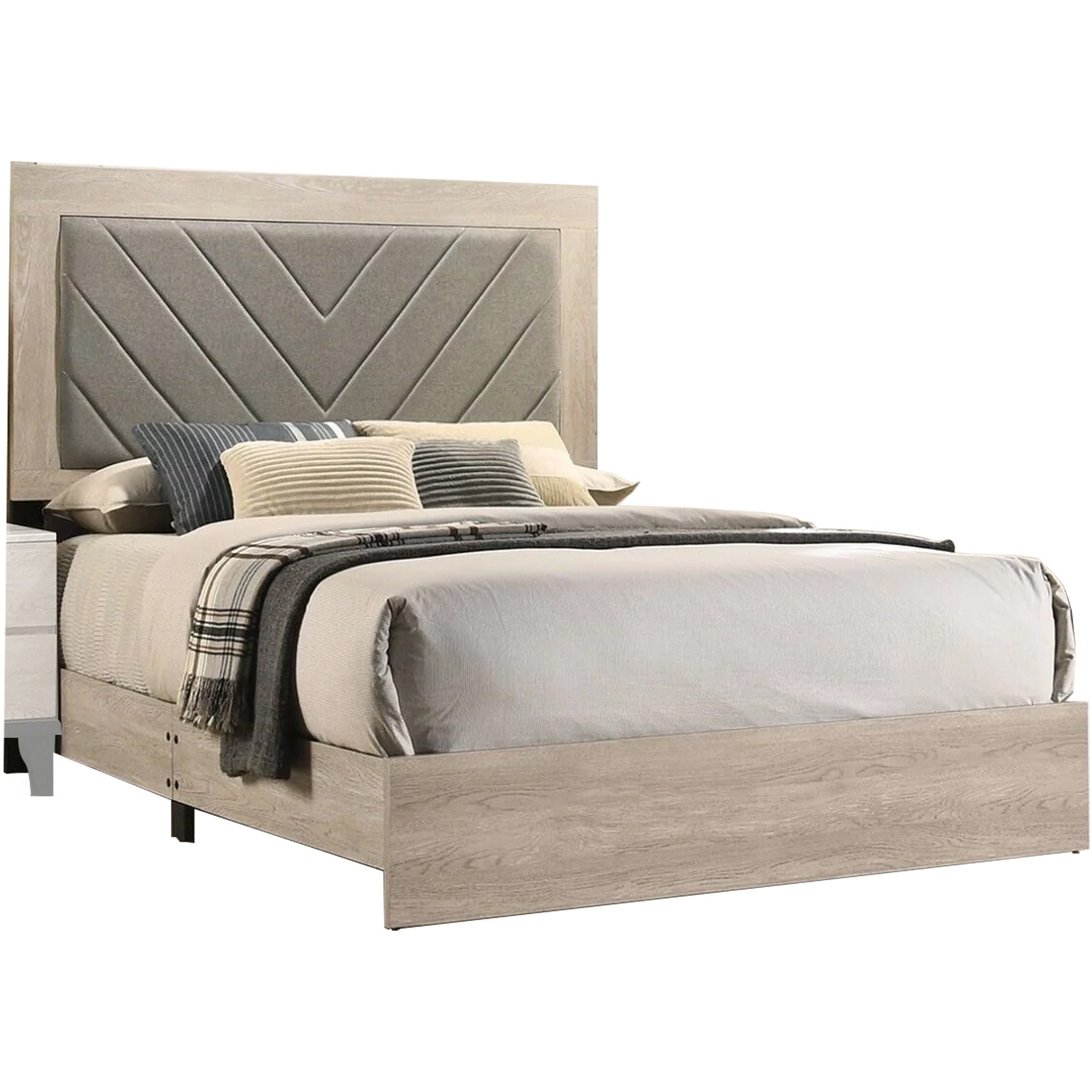Cato Upholstered Queen Size Bed, Chevron Tufted Gray Headboard, Cream