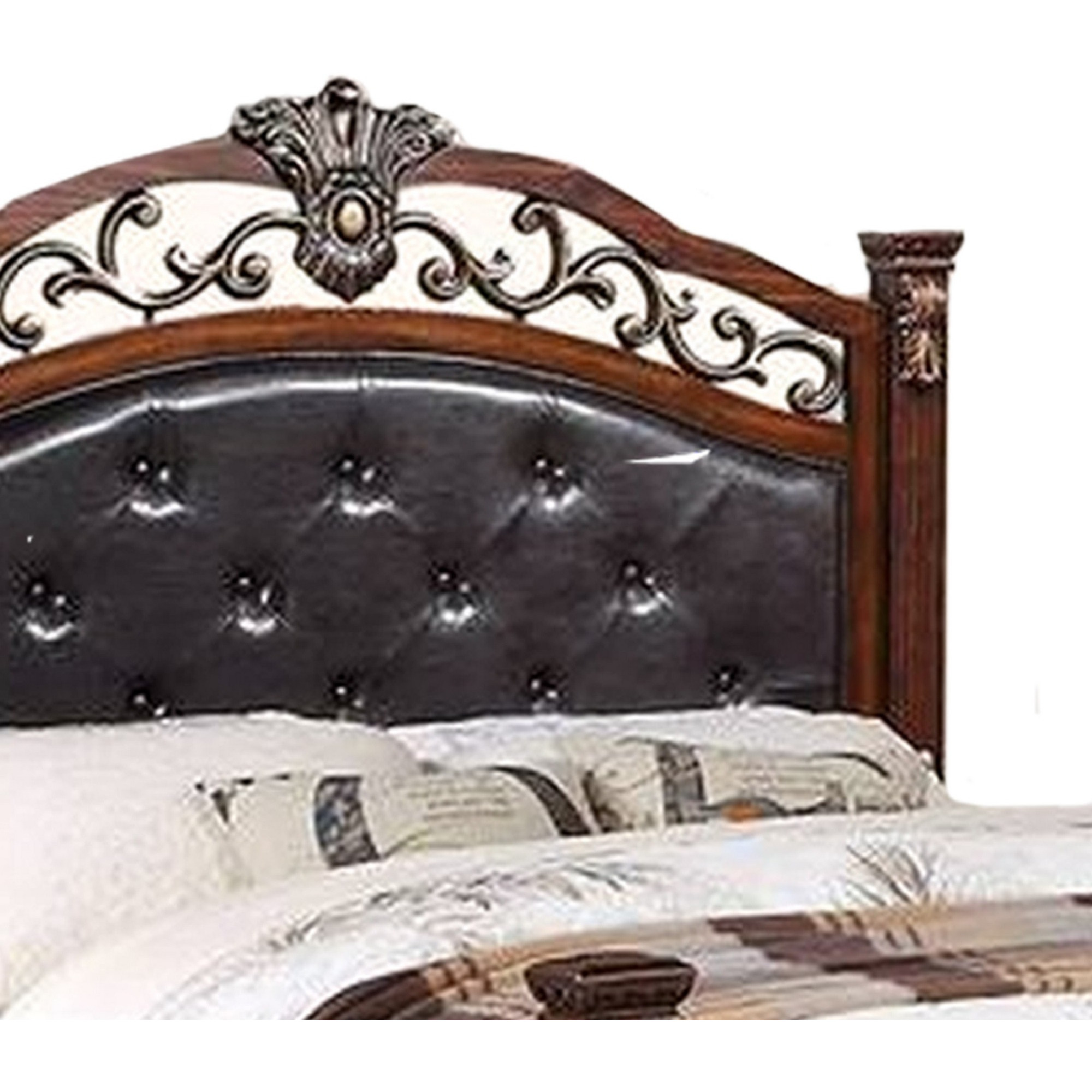 Jax California King Bed, Button Tufted Upholstered Headboard, Cherry Brown