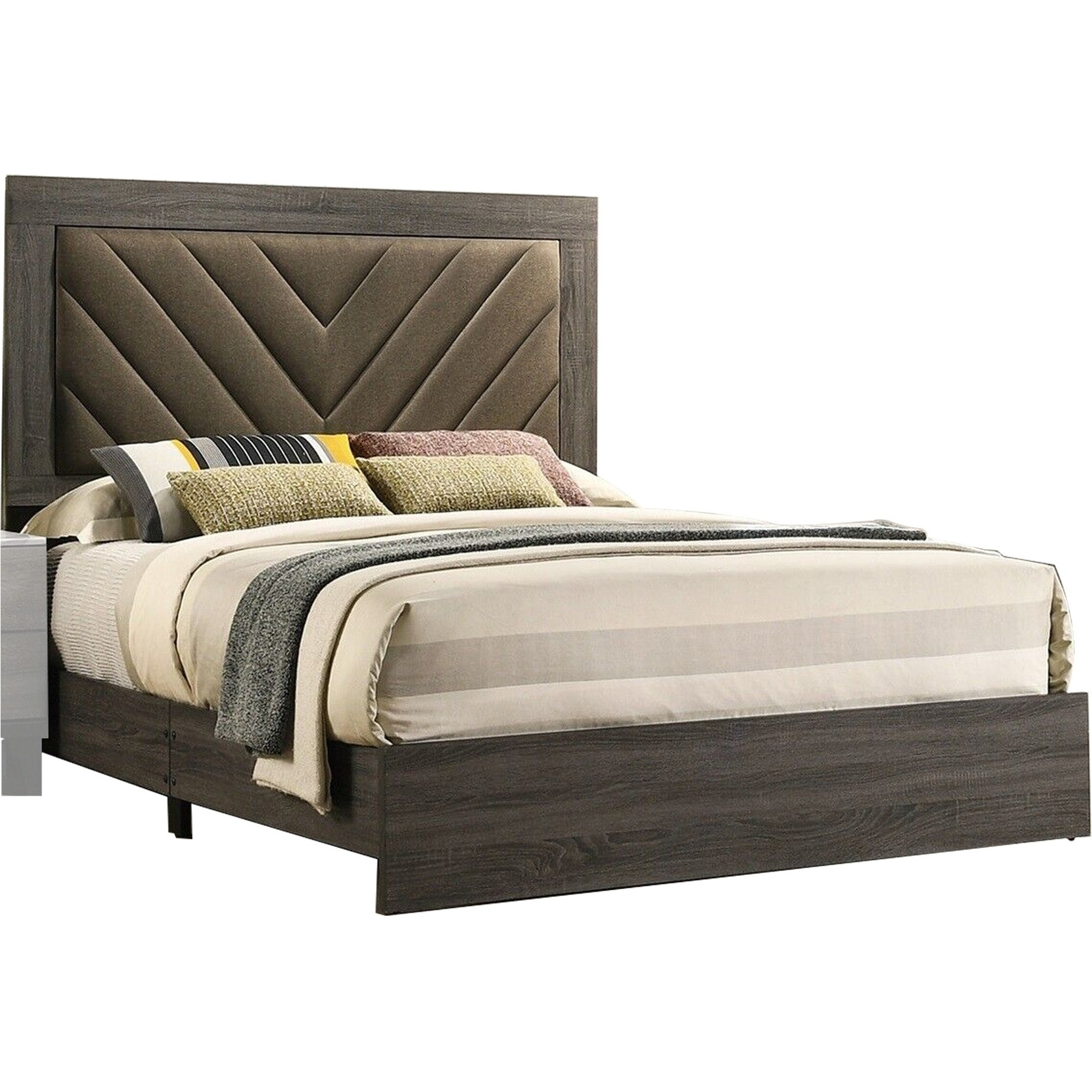 Cato Upholstered Queen Size Bed, Chevron Tufted Brown Headboard, Dark Gray
