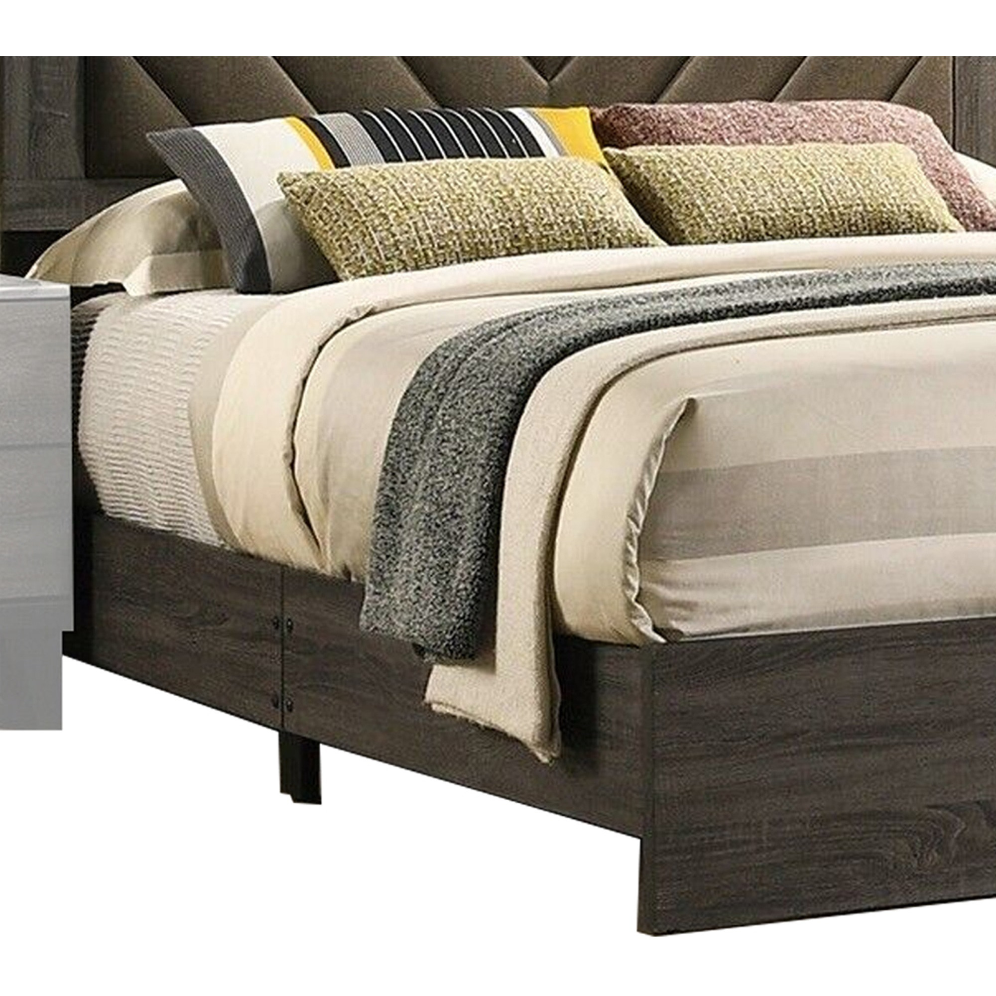 Cato Upholstered Queen Size Bed, Chevron Tufted Brown Headboard, Dark Gray