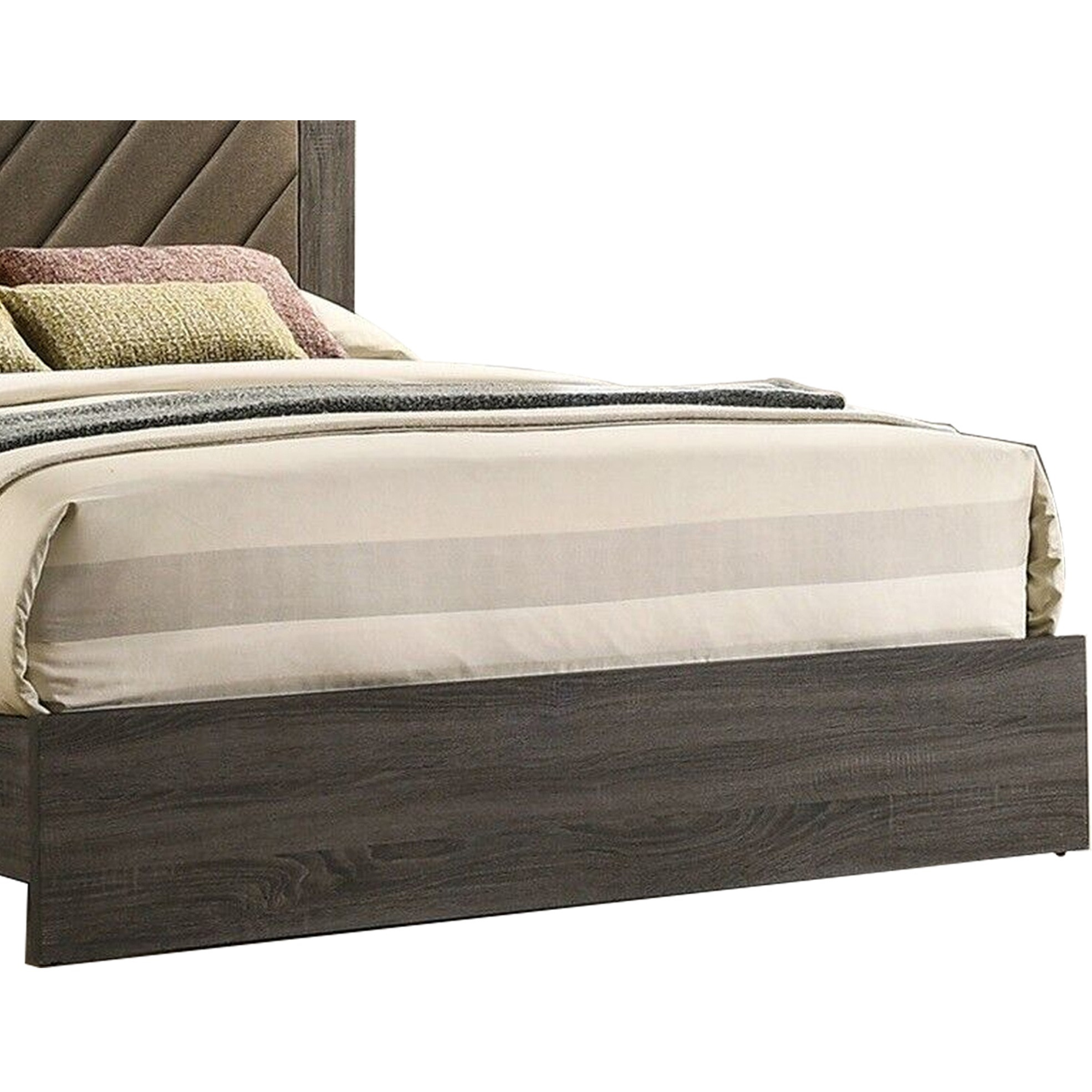 Cato Upholstered Queen Size Bed, Chevron Tufted Brown Headboard, Dark Gray