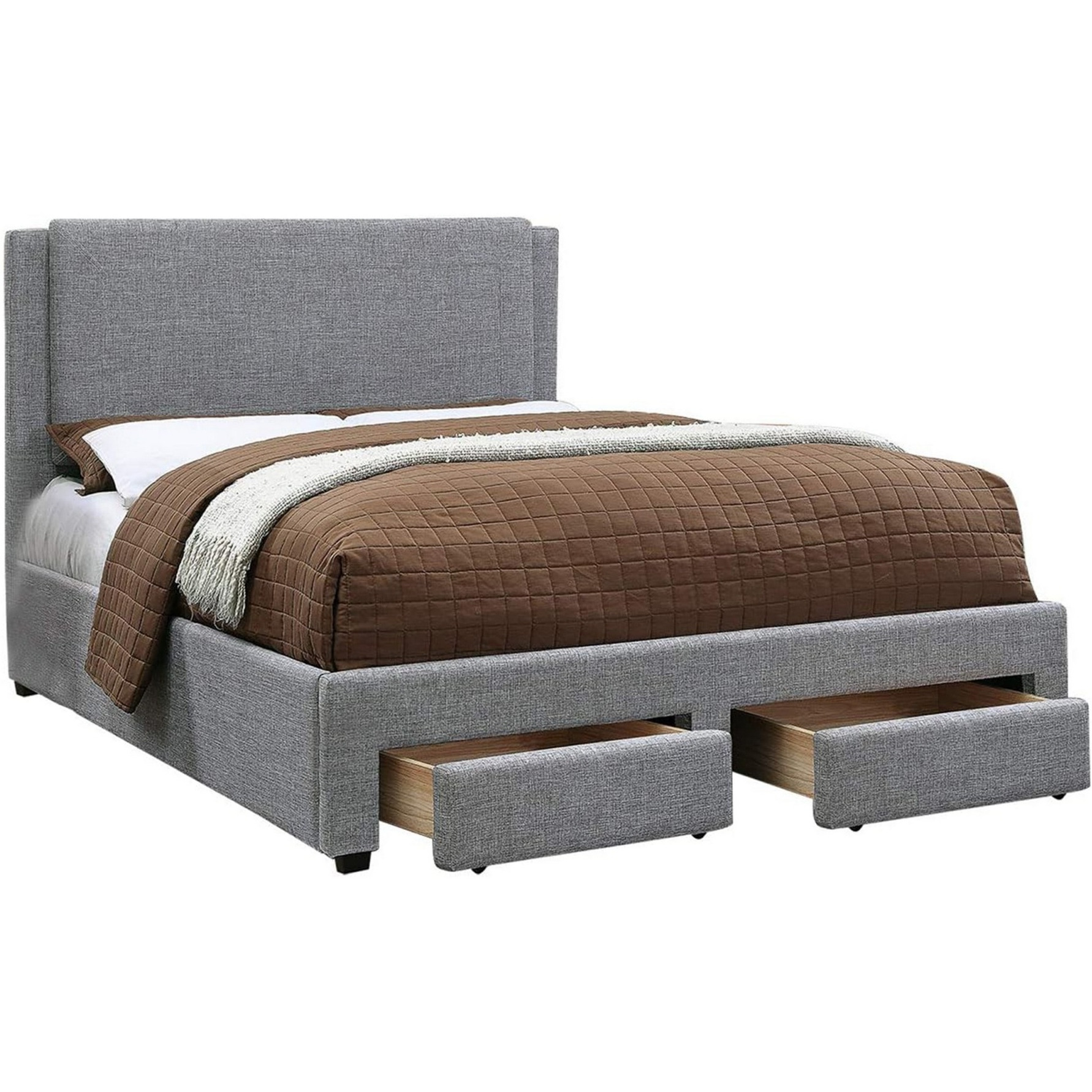 Bovi California King Bed, 2 Storage Drawers, Fully Upholstered Stone Gray