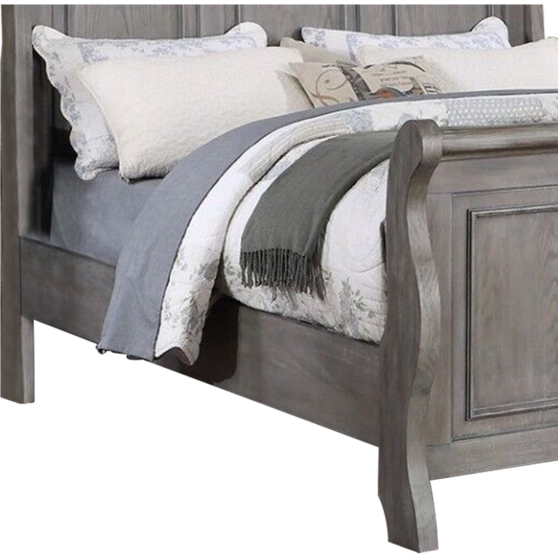 Demi King Size Bed, Sleigh Headboard, Tri Panel Molding, Oak Gray Wood