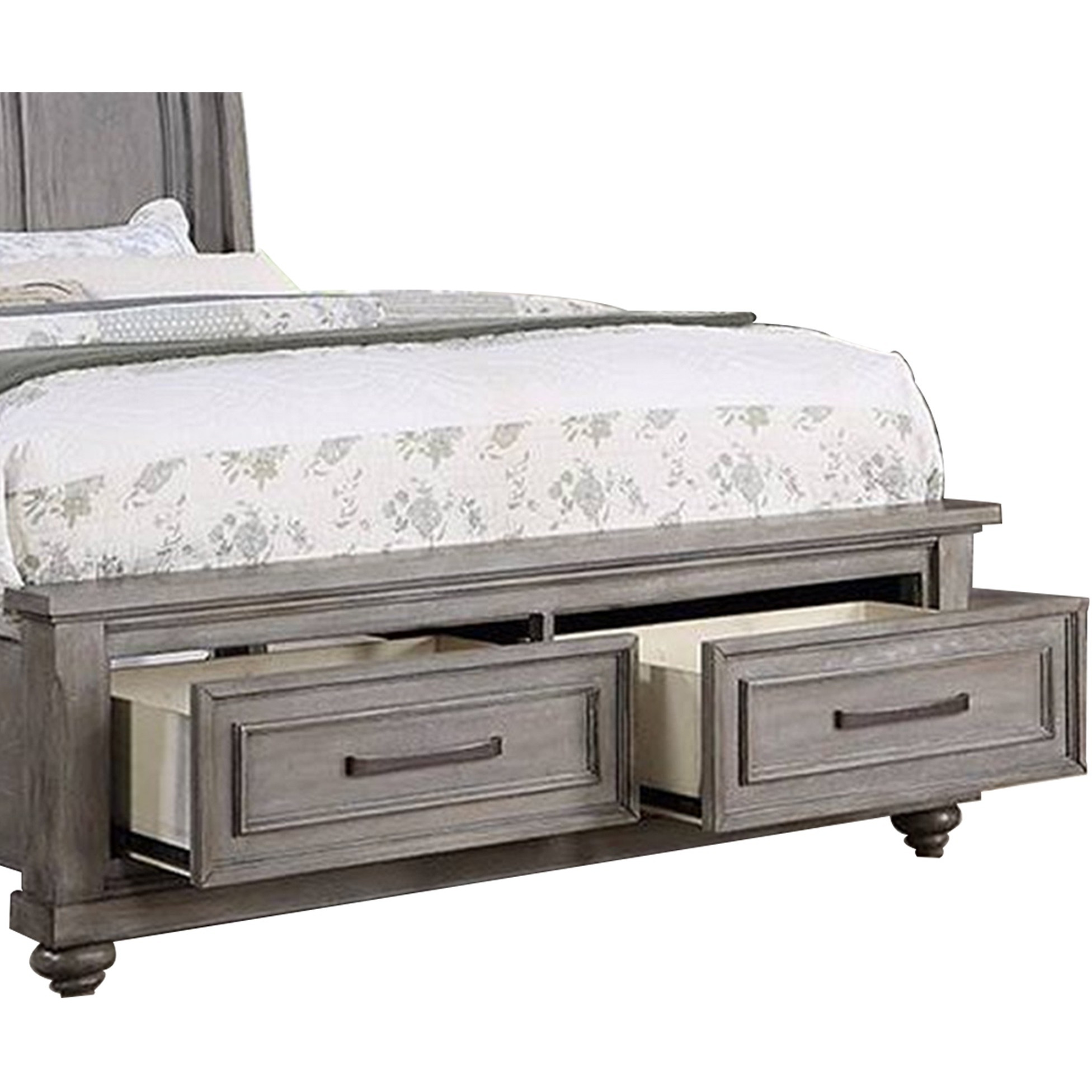 Demi California King Bed, Sleigh Headboard, Storage Drawers, Oak Gray Wood