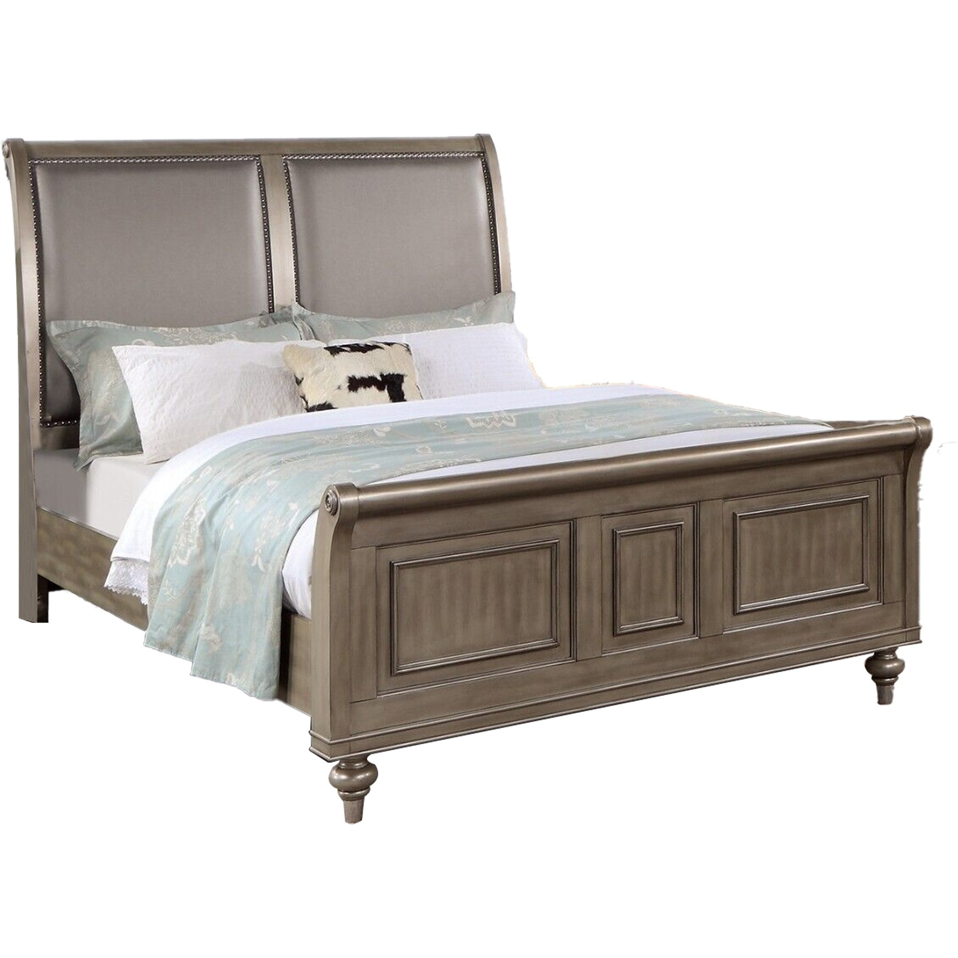 Ella Modern Queen Size Bed, Faux Leather Upholstery, Nailhead Trim, Gold