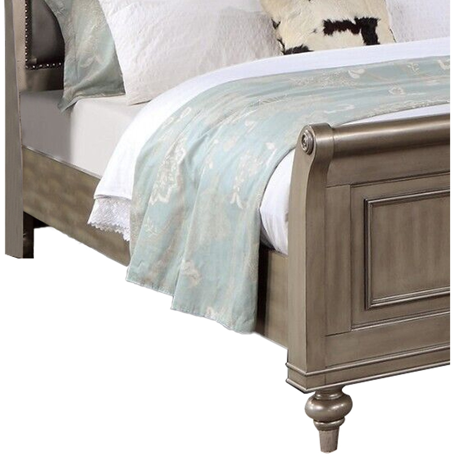 Ella Modern Queen Size Bed, Faux Leather Upholstery, Nailhead Trim, Gold