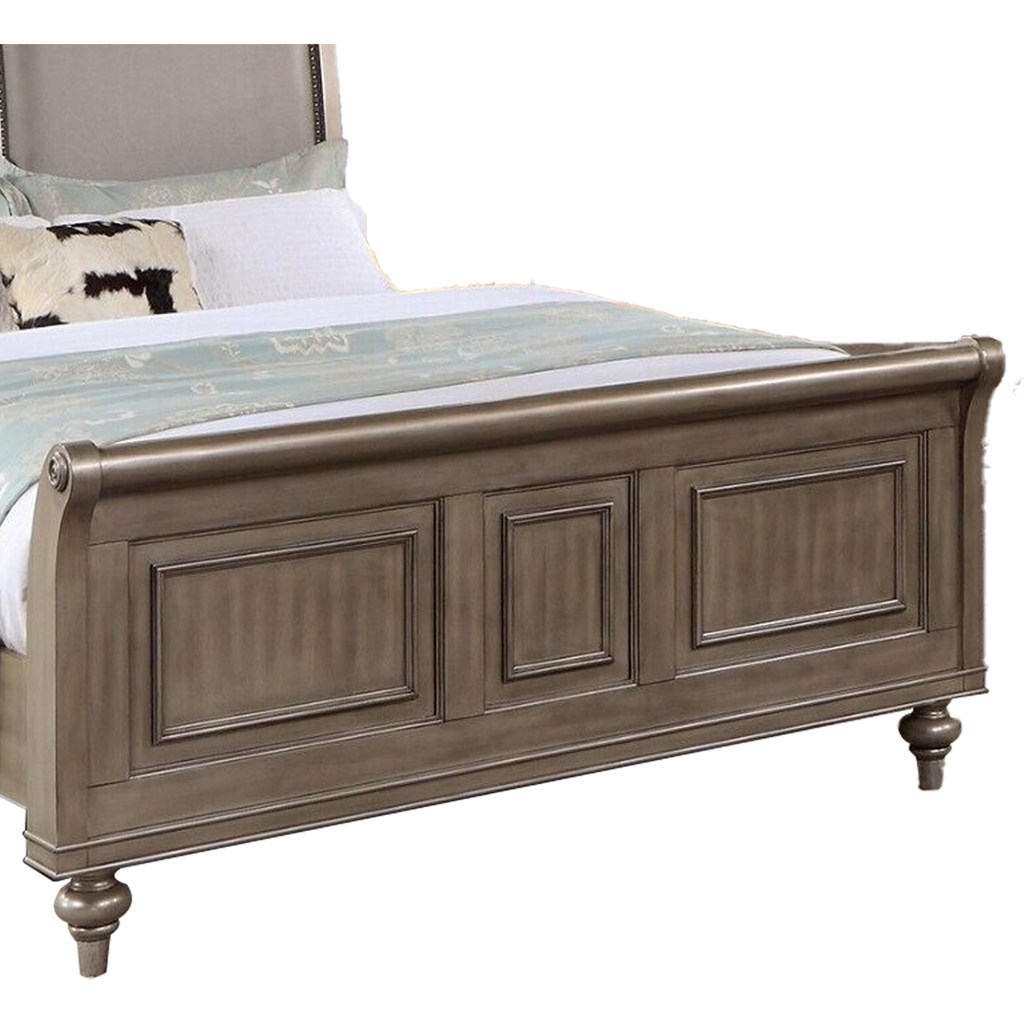Ella Modern Queen Size Bed, Faux Leather Upholstery, Nailhead Trim, Gold