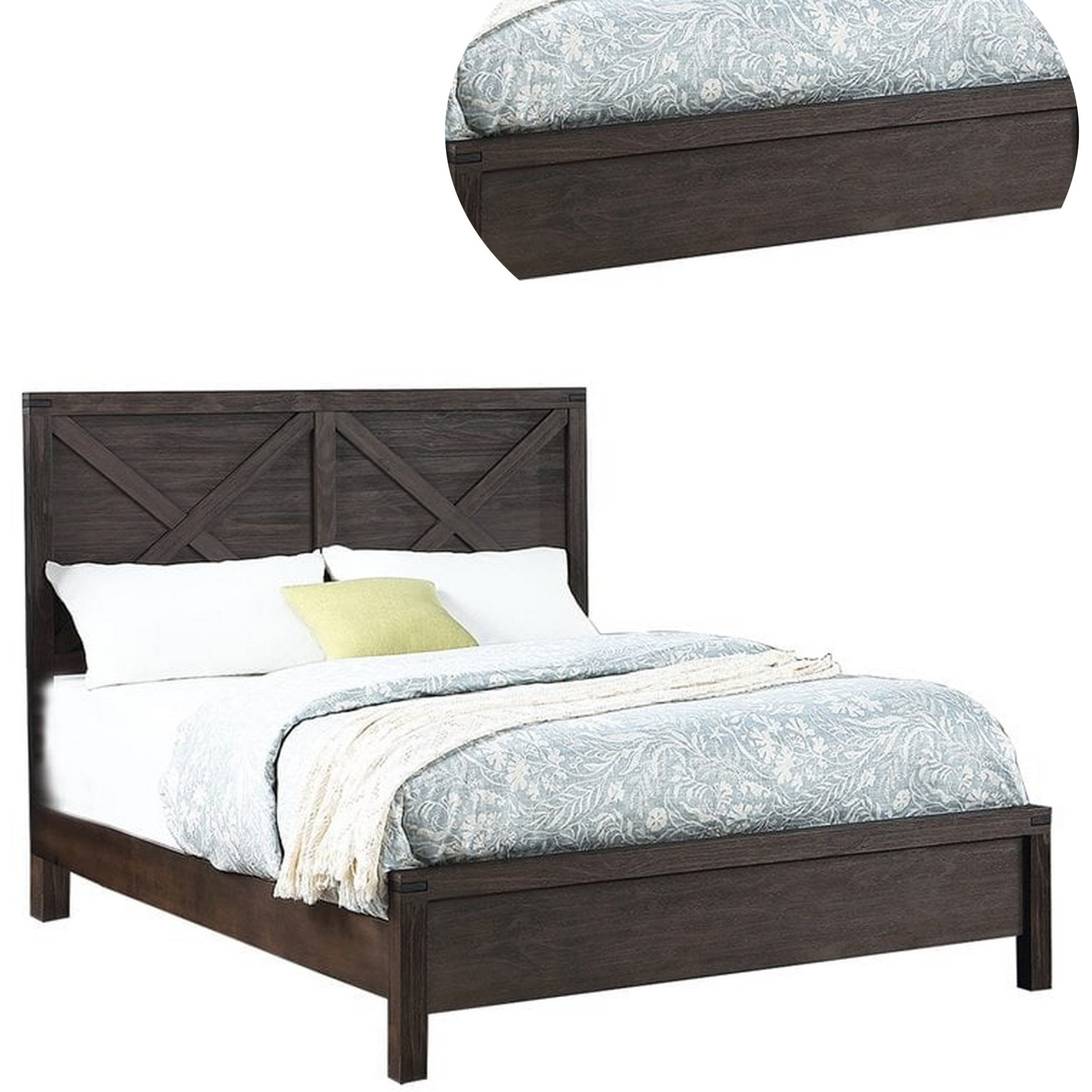Yale Platform Queen Size Bed, Crossed Accent Panel, Dark Walnut Brown