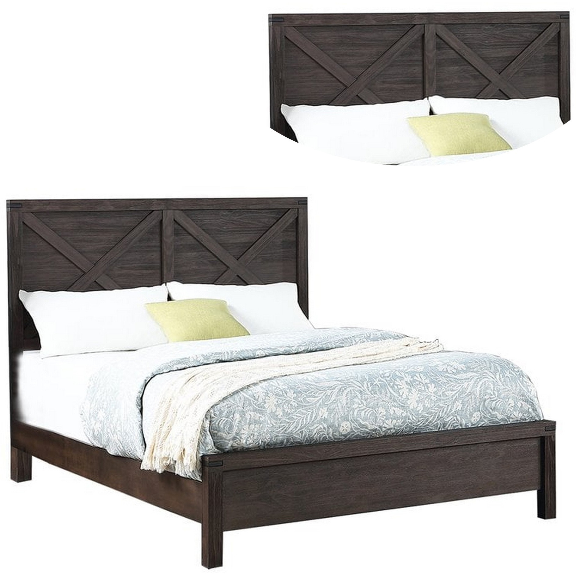 Yale Platform Queen Size Bed, Crossed Accent Panel, Dark Walnut Brown
