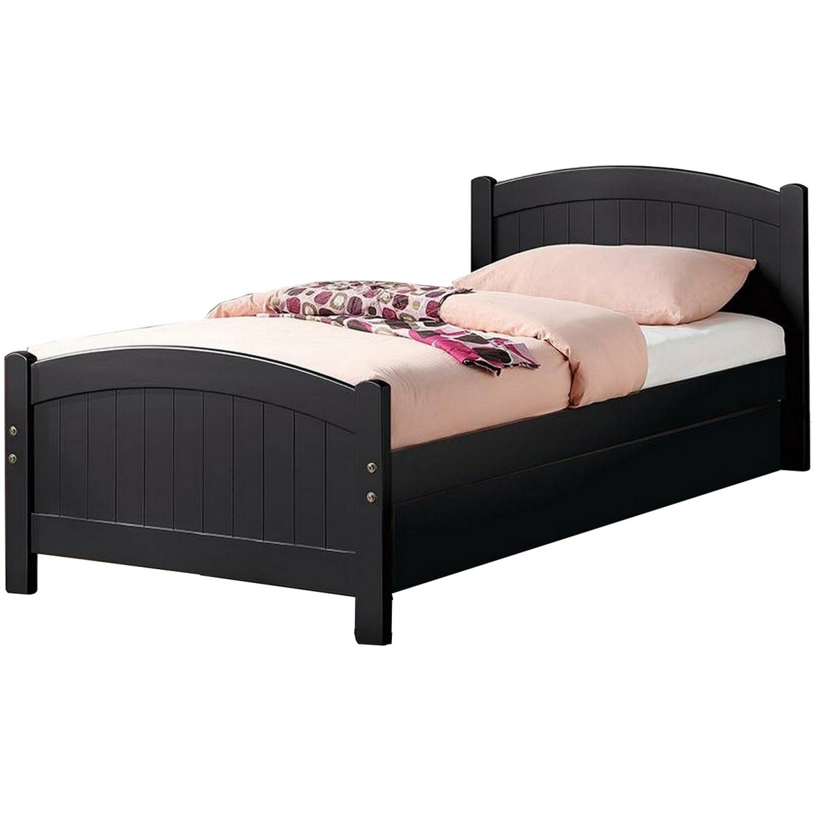 Shov Twin Size Trundle Bed, Arched Headboard, Vertical Accents, Black Wood