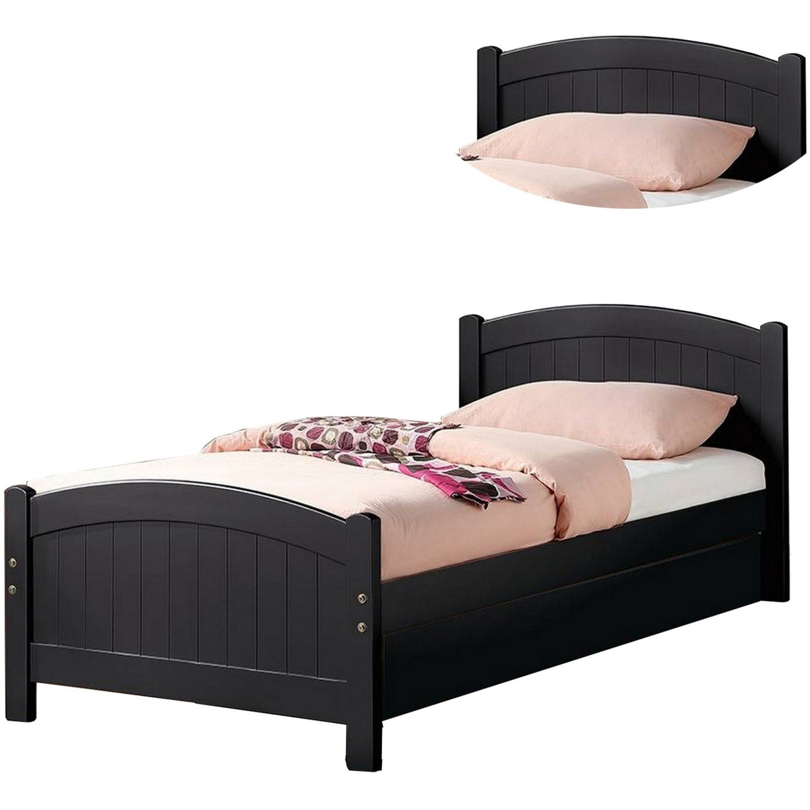 Shov Twin Size Trundle Bed, Arched Headboard, Vertical Accents, Black Wood