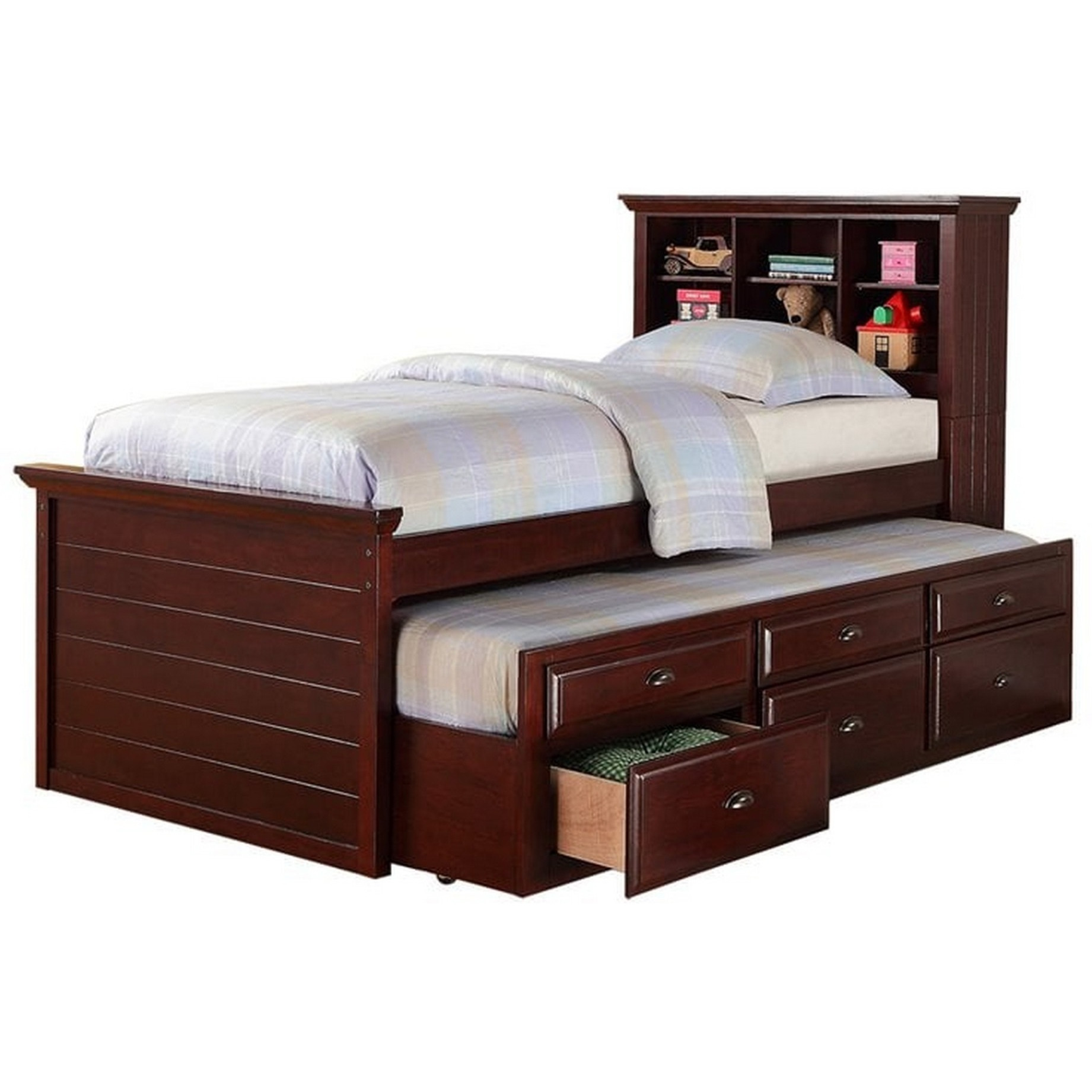 Toni Twin Size Trundle Bed with 6 Drawers, Bookcase Headboard, Brown Wood