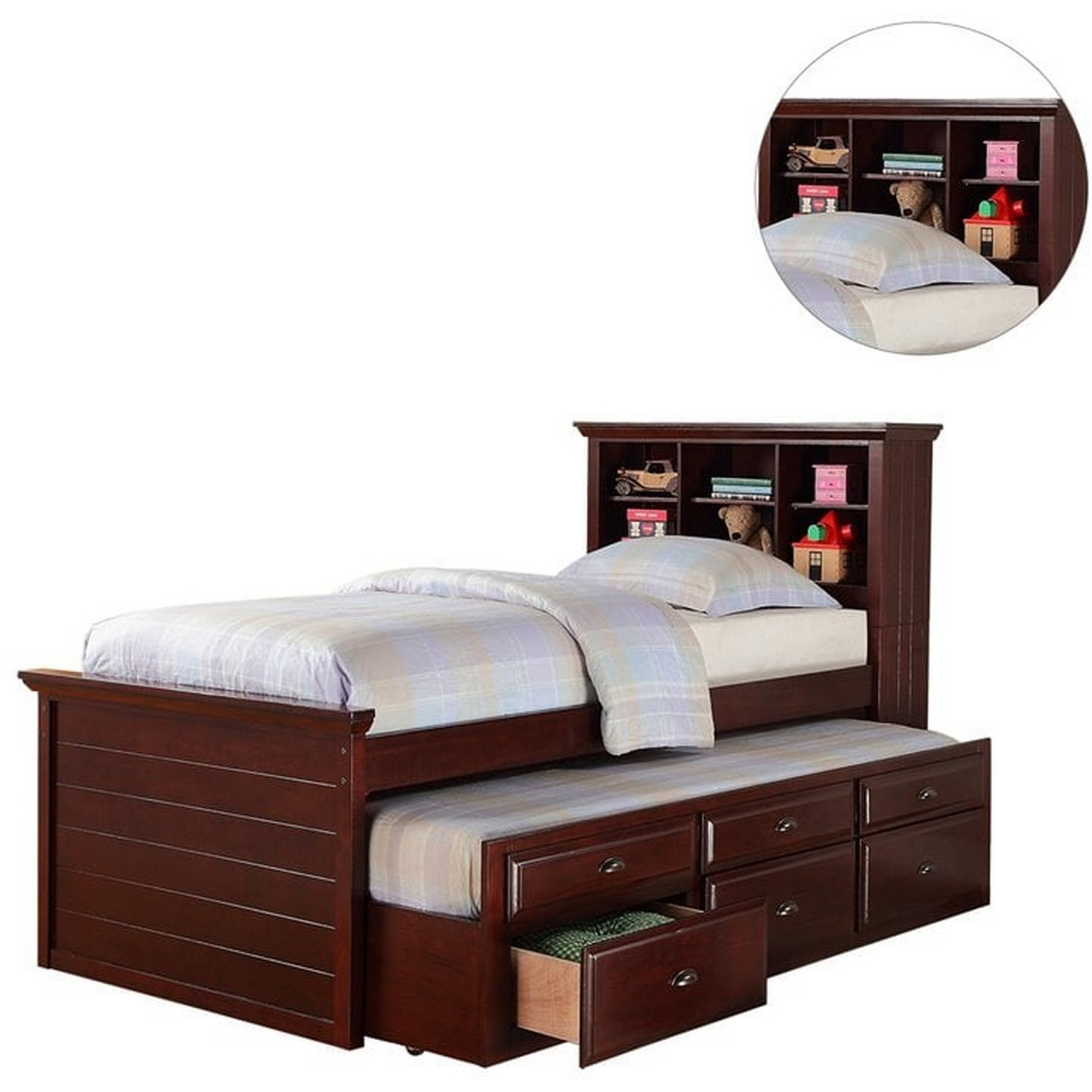 Toni Twin Size Trundle Bed with 6 Drawers, Bookcase Headboard, Brown Wood