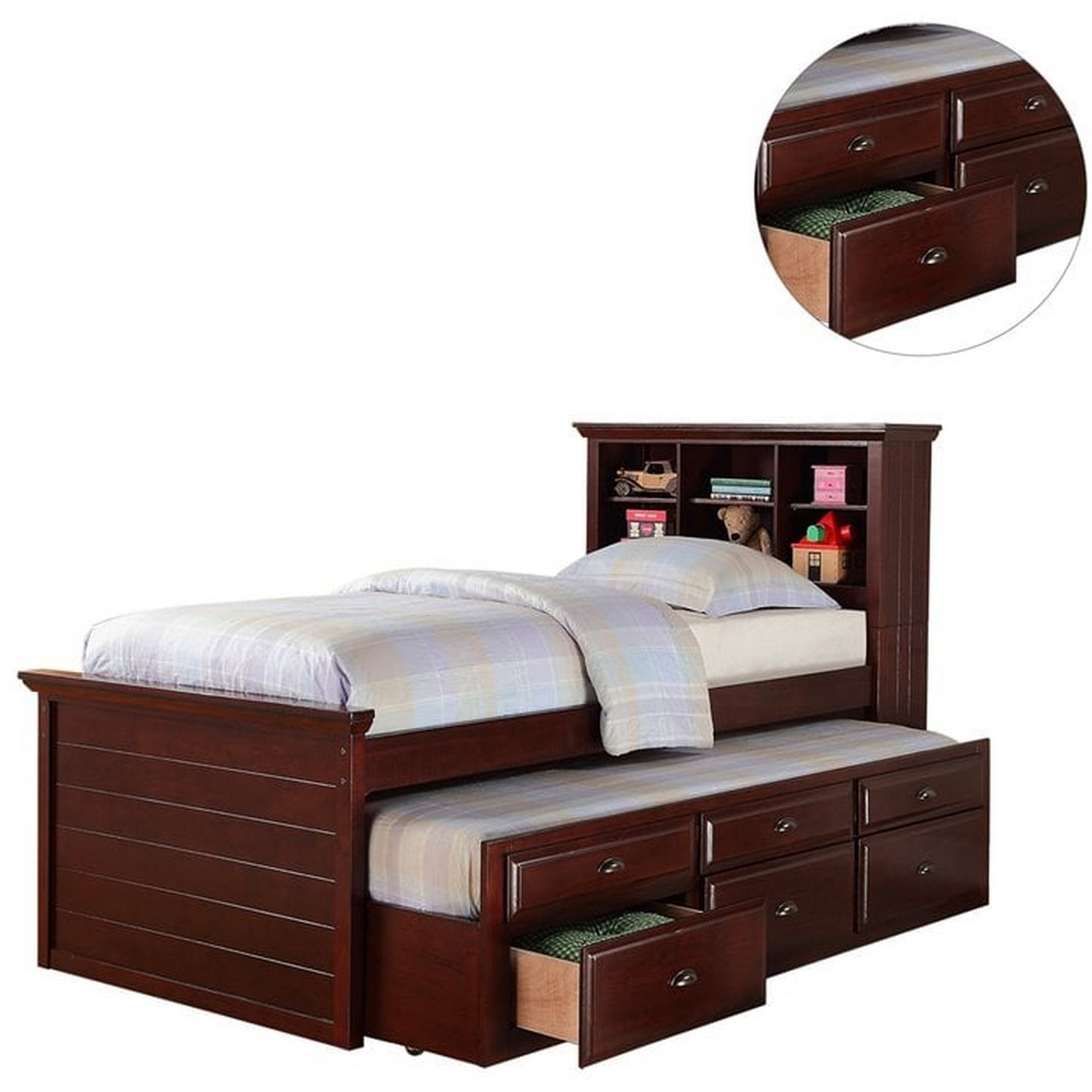 Toni Twin Size Trundle Bed with 6 Drawers, Bookcase Headboard, Brown Wood