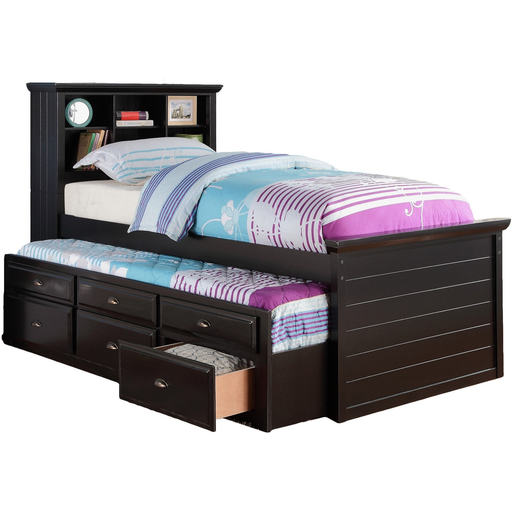 Toni Twin Size Trundle Bed with 6 Drawers, Bookcase Headboard, Black Wood