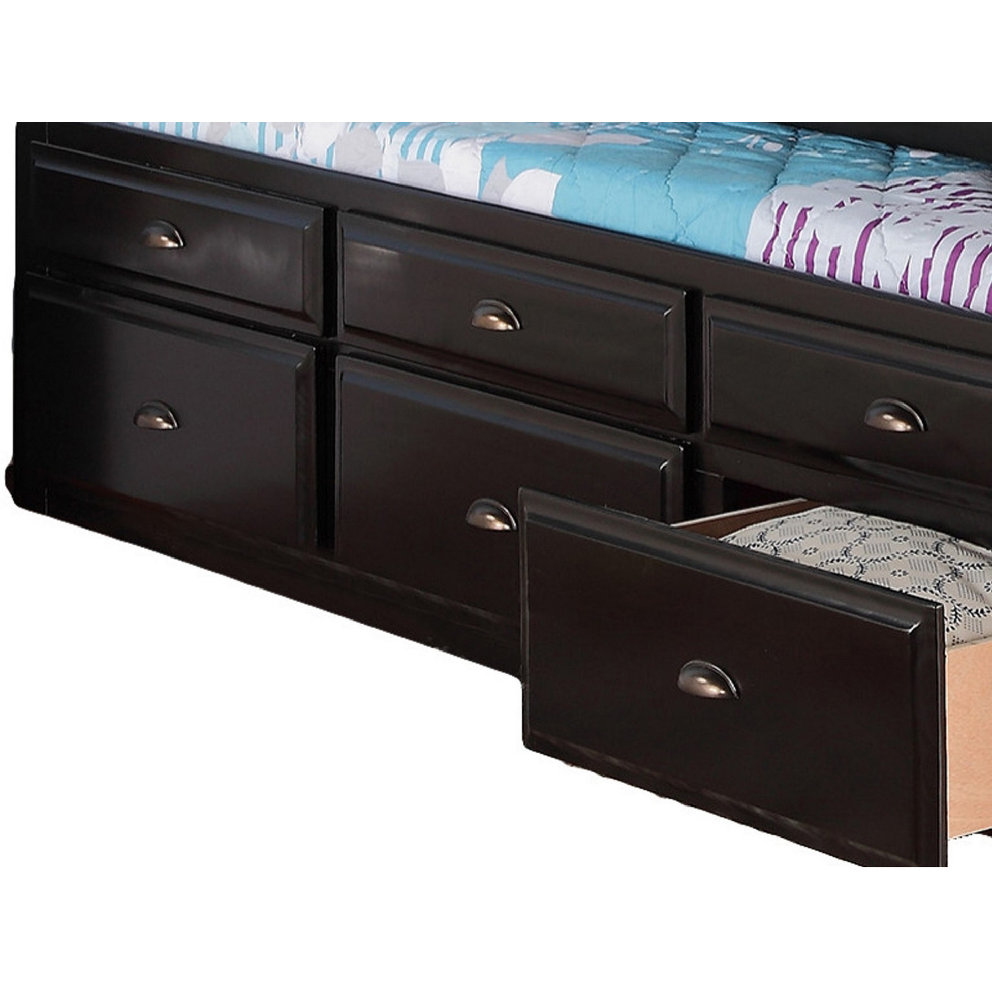 Toni Twin Size Trundle Bed with 6 Drawers, Bookcase Headboard, Black Wood