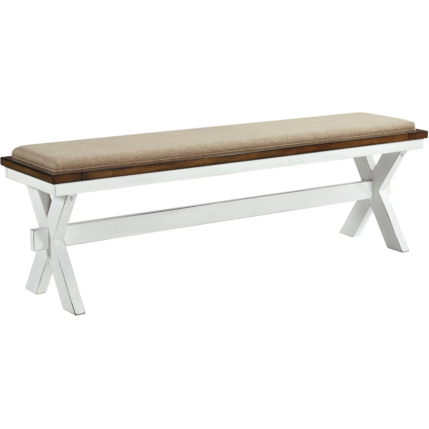 60 Inch Bench, Polyester Upholstery, Crossed Legs, Antique White Finish