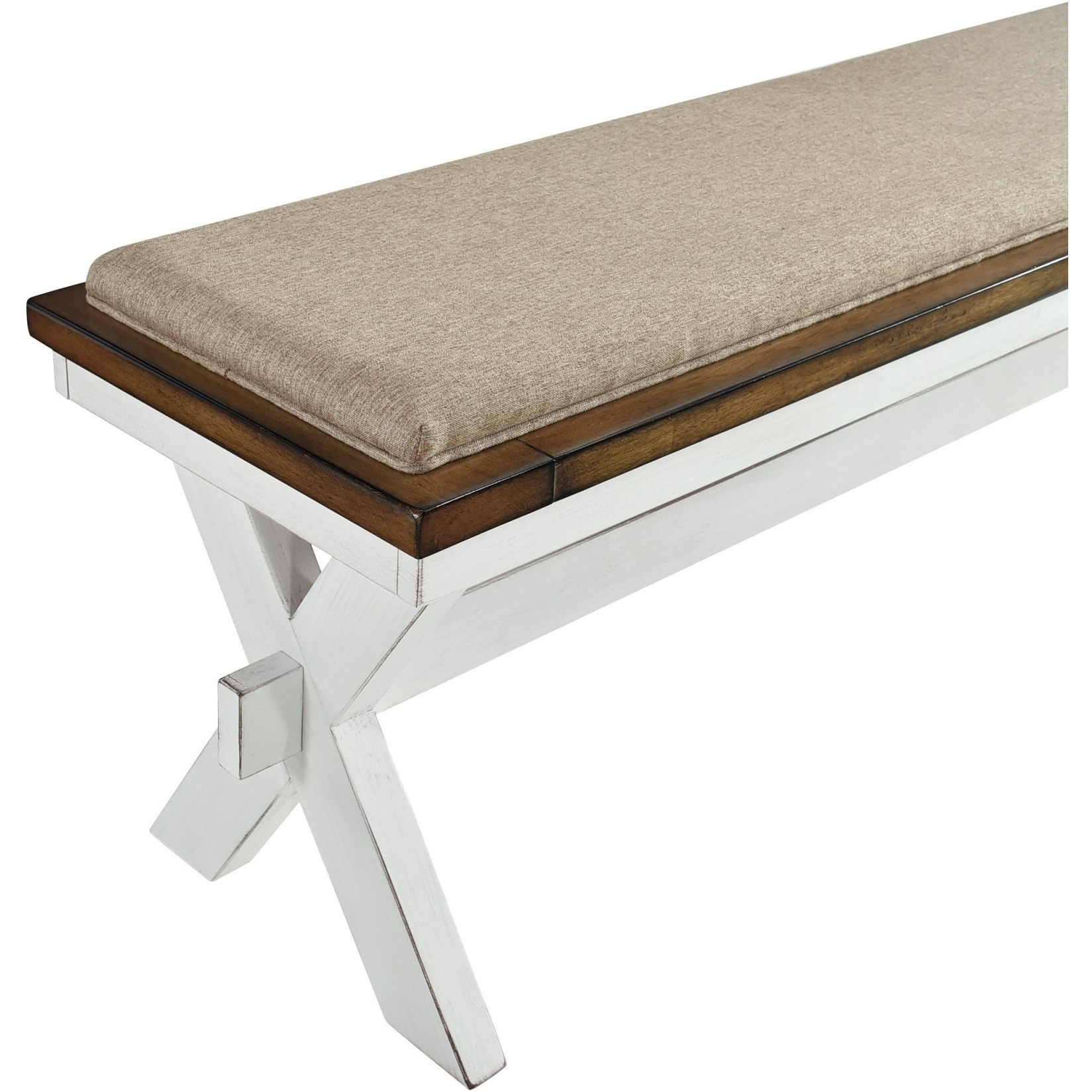 60 Inch Bench, Polyester Upholstery, Crossed Legs, Antique White Finish