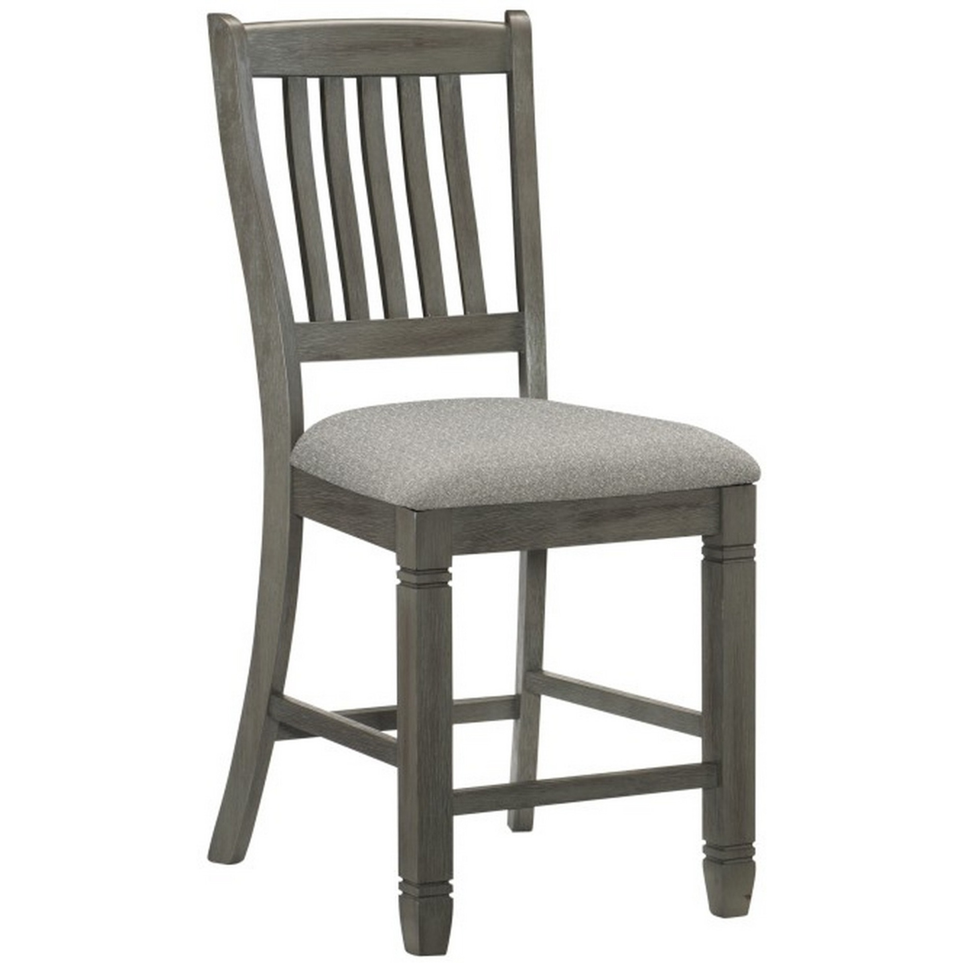 Rome 25 Inch Counter Height Chair, Fabric Seat, Antique Gray Wood, Set of 2